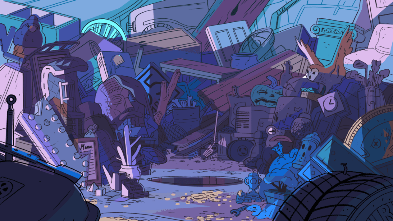 A cartoonish scene of an alleyway with many objects - Steven Universe