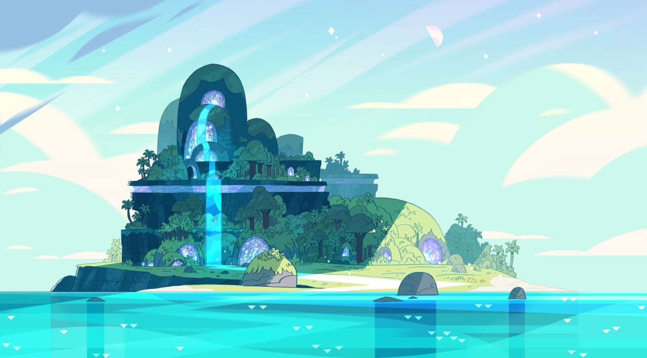 A cartoon island with water and trees - Steven Universe