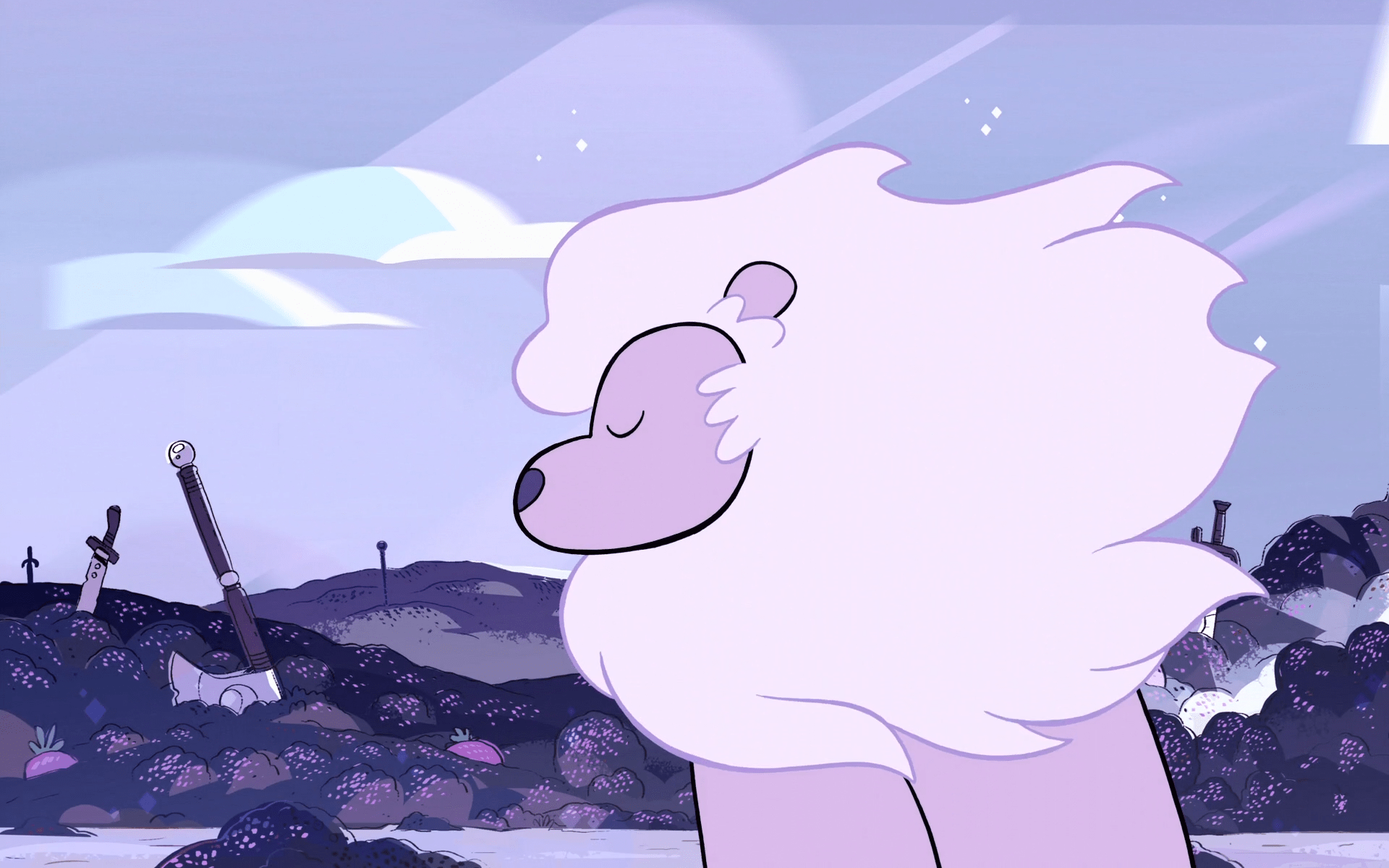 A pink lion stands in a field of purple flowers - Steven Universe