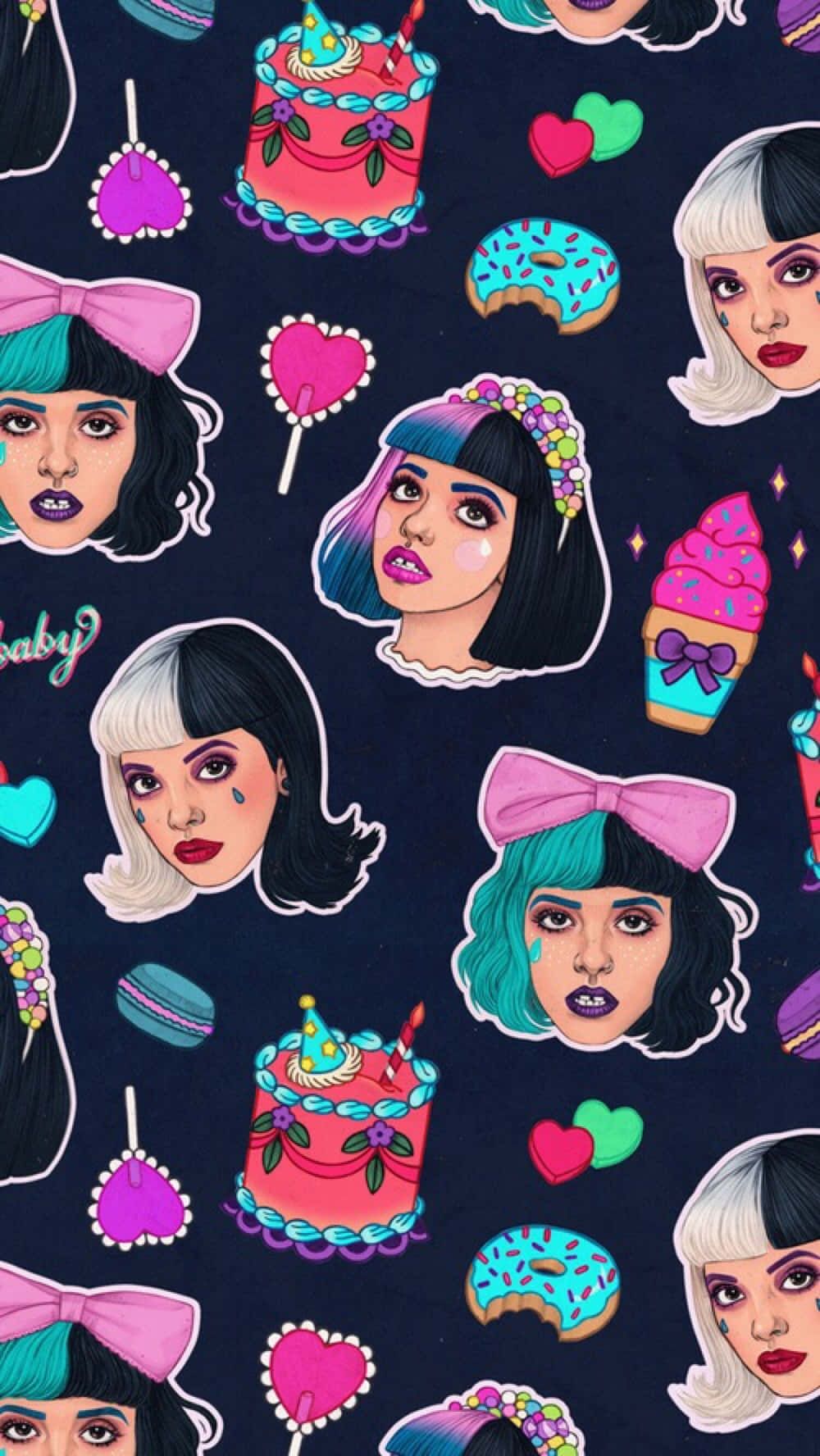 IPhone wallpaper of a pattern of cartoon girl faces with different colored hair and accessories like bows and donuts - Melanie Martinez