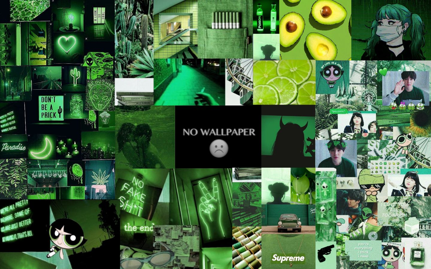 A collage of green images with different characters - Lime green, neon green