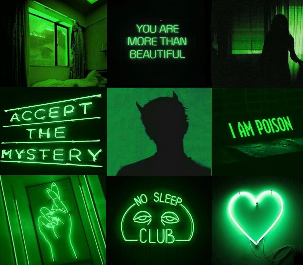 A collage of green neon signs with the words accept me - Lime green, neon green