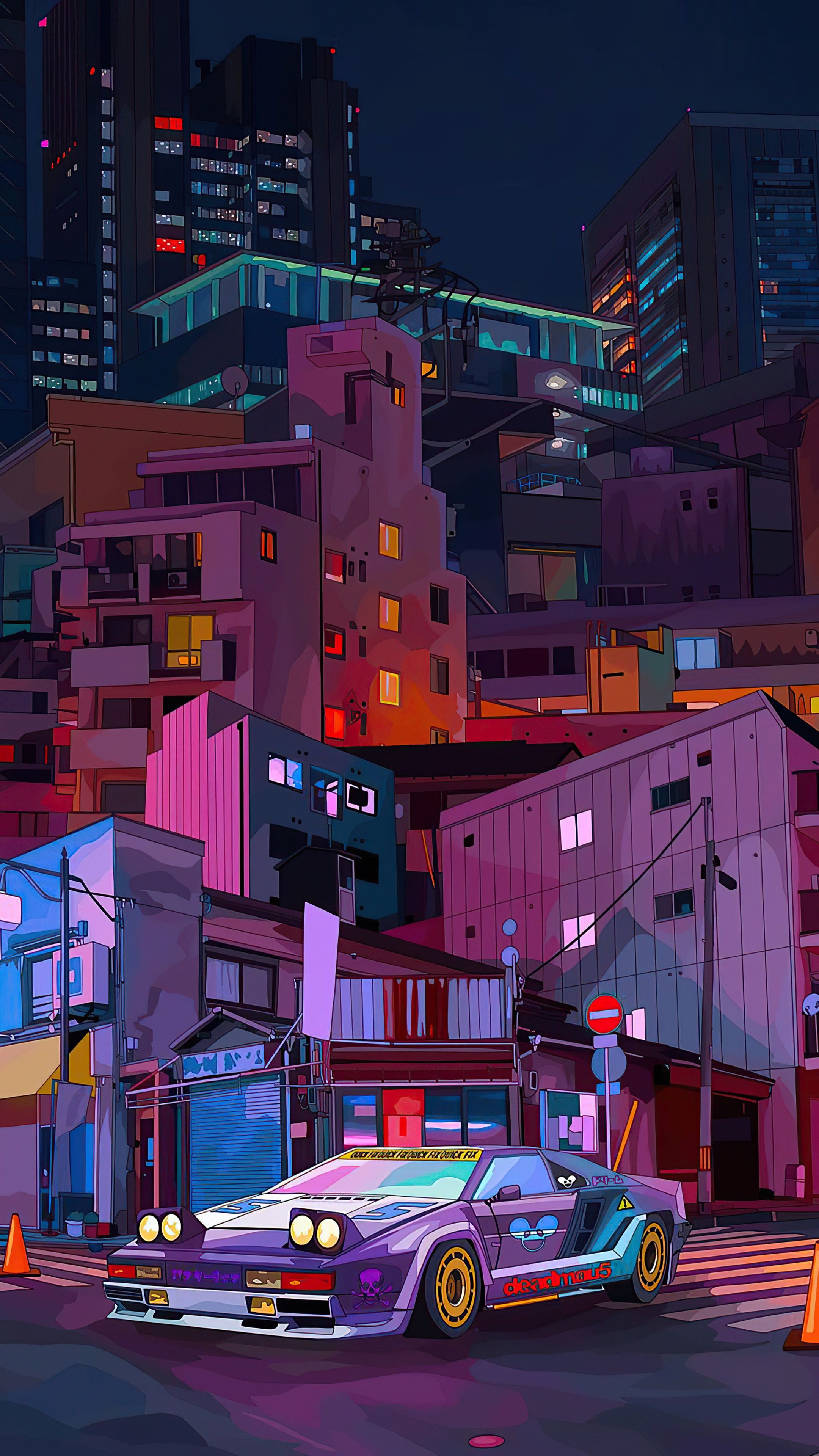 Aesthetic anime cityscape with a purple car and pink buildings. - Cars