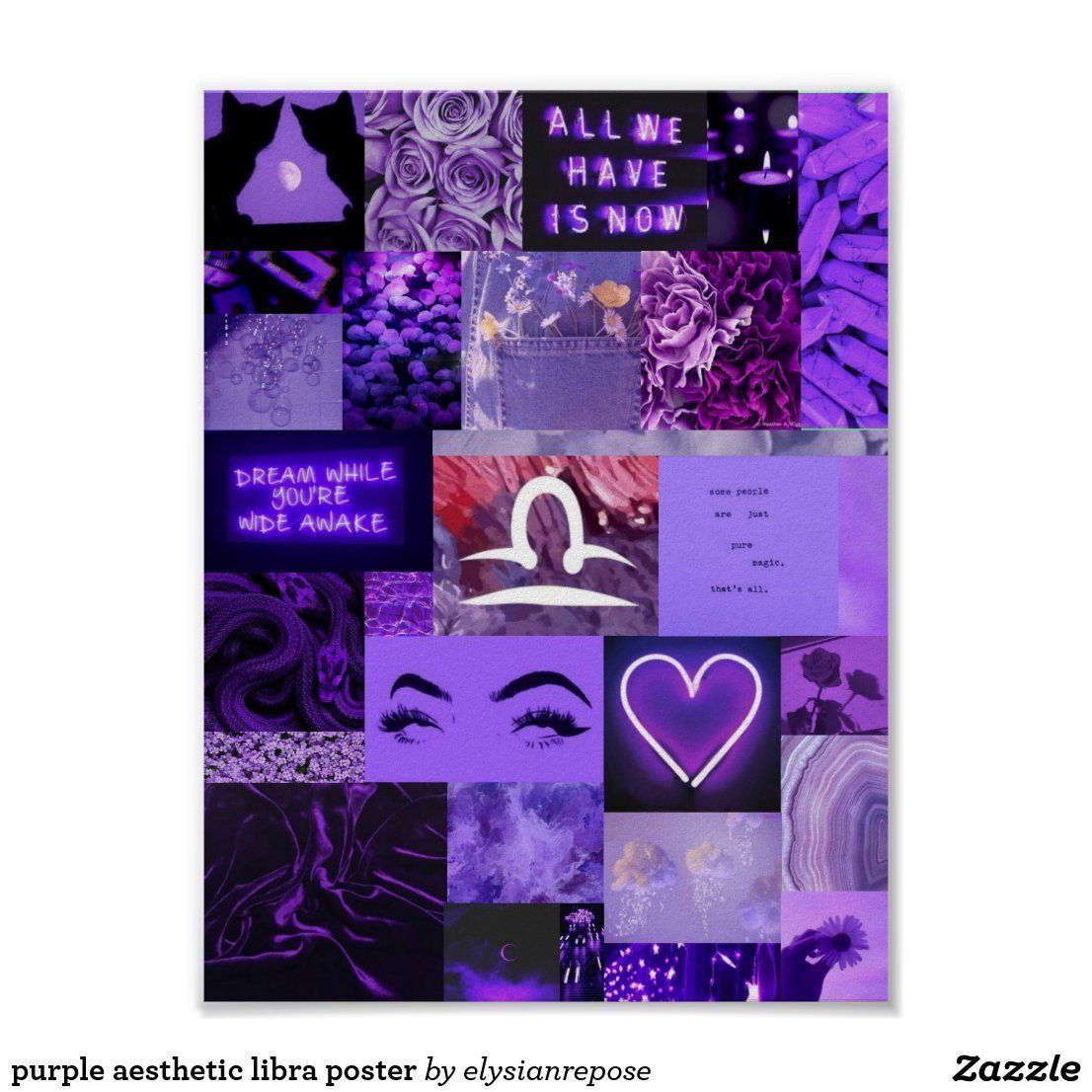 Purple aesthetic poster with various images - Pisces, Libra