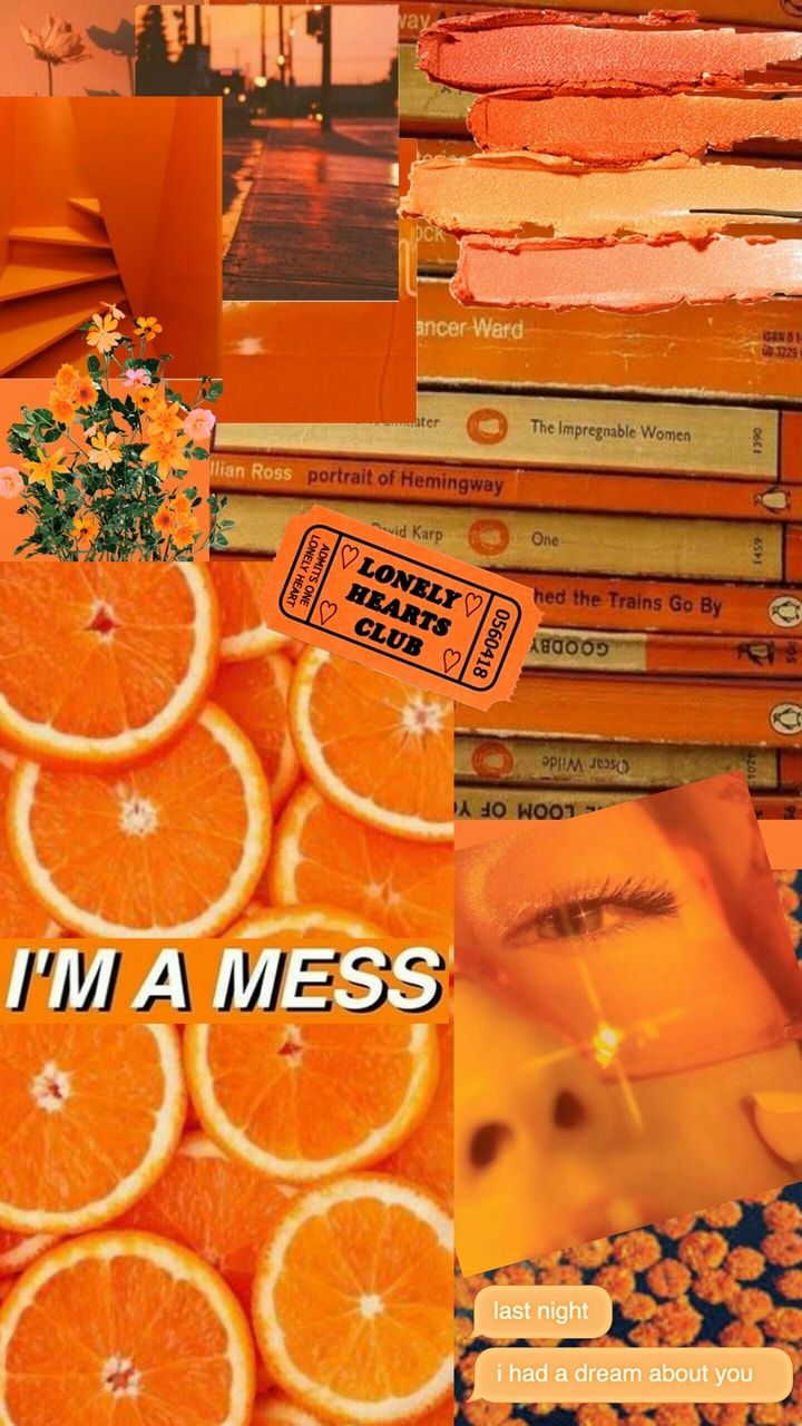 A collage of orange aesthetic images including books, flowers, and orange slices. - Orange