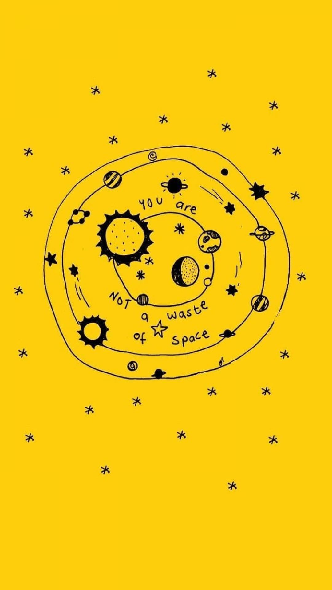 A yellow background with black drawings of the solar system - Non binary, yellow, yellow iphone, positivity, light yellow, happy, honey, positive