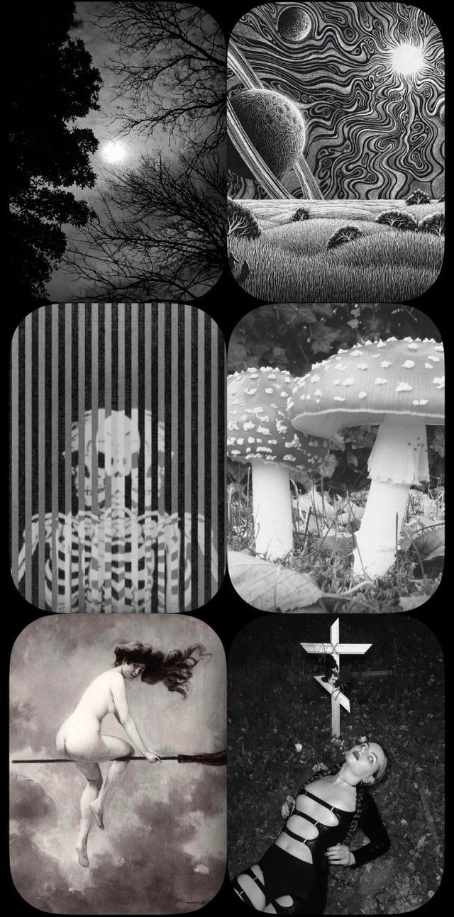 Aesthetic collage of black and white images including a witch, a mushroom, a cross, and a planet - Grunge
