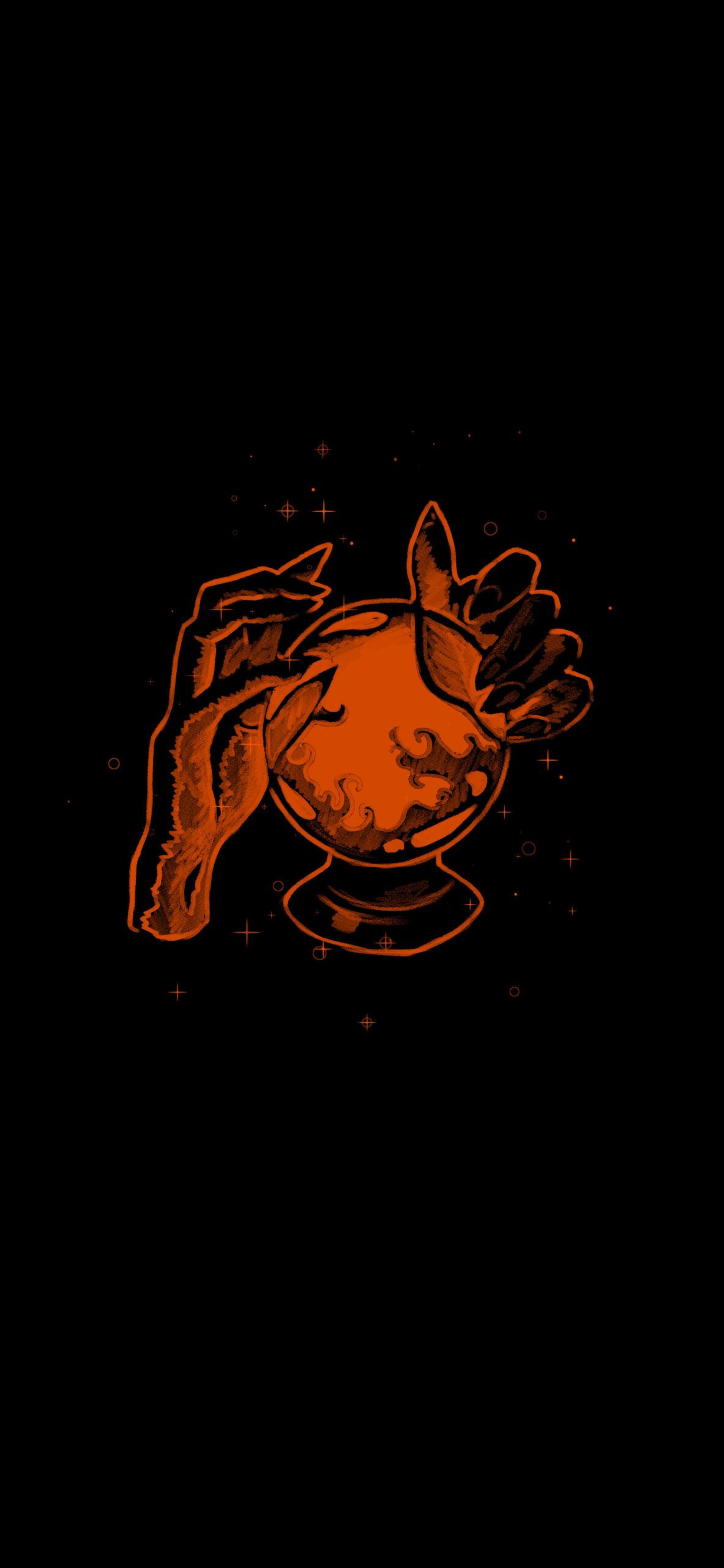 IPhone wallpaper with a fortune teller's hands holding a crystal ball - Witch, magic, dark orange, witchcore