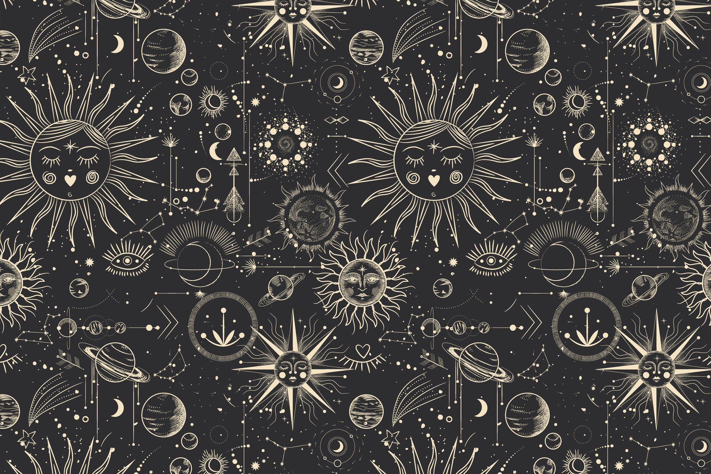 Seamless pattern with suns, moons, planets, stars and constellations.<ref> Mystic background</ref><box>(8,10),(991,988)</box> for textile, paper, wallpaper, wrapping. The sun, the moon phases, zodiac signs - Witch, magic