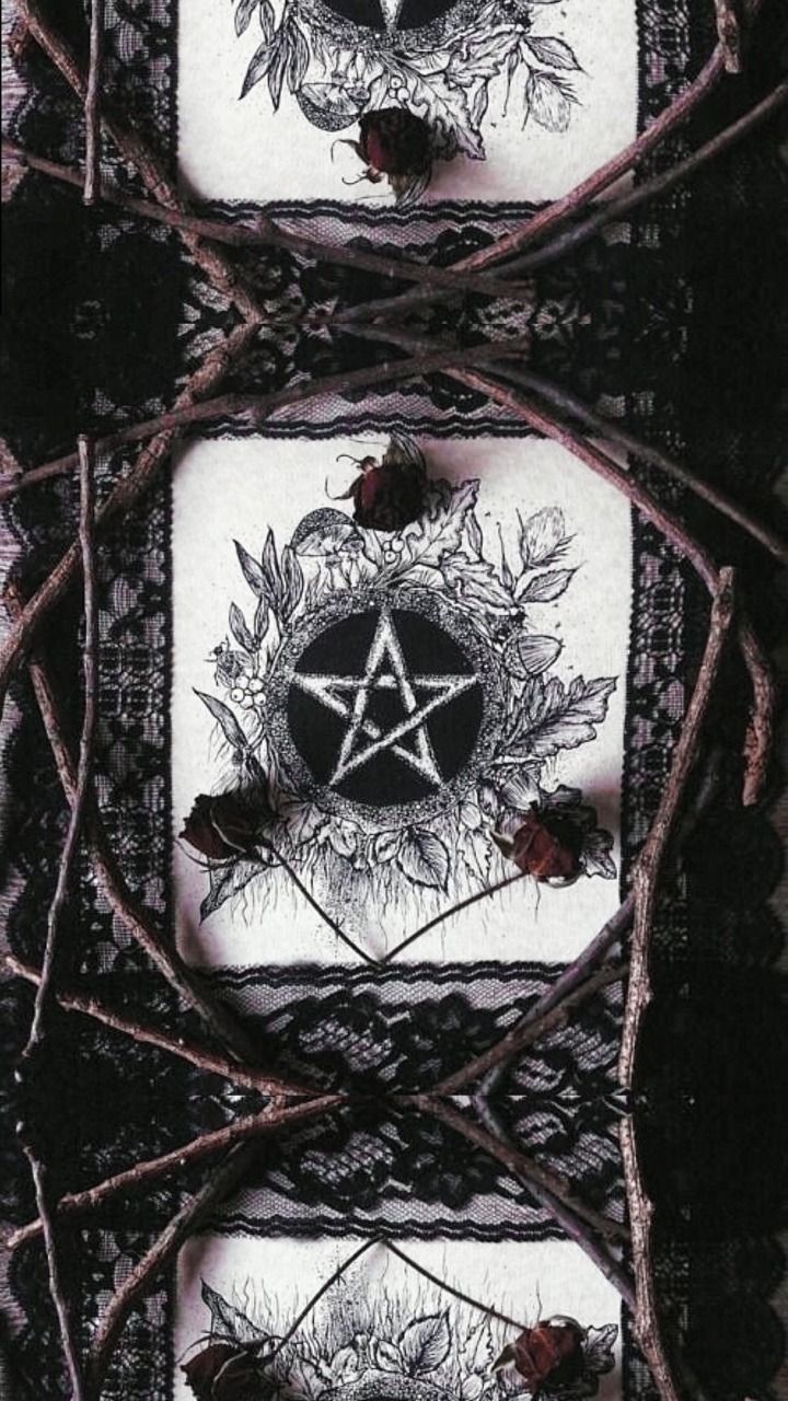 A pentagram with roses and vines on a black and white background - Witch