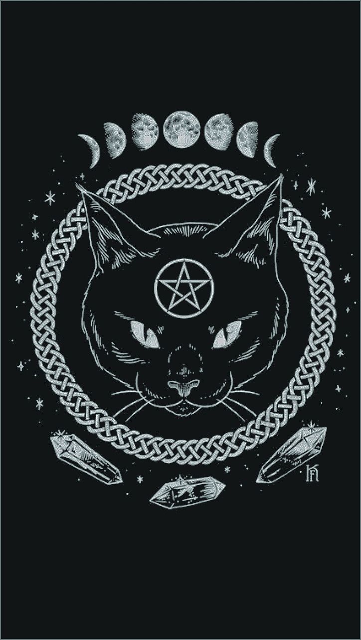 A black cat with a pentagram on its forehead and phases of the moon surrounding it. - Witch