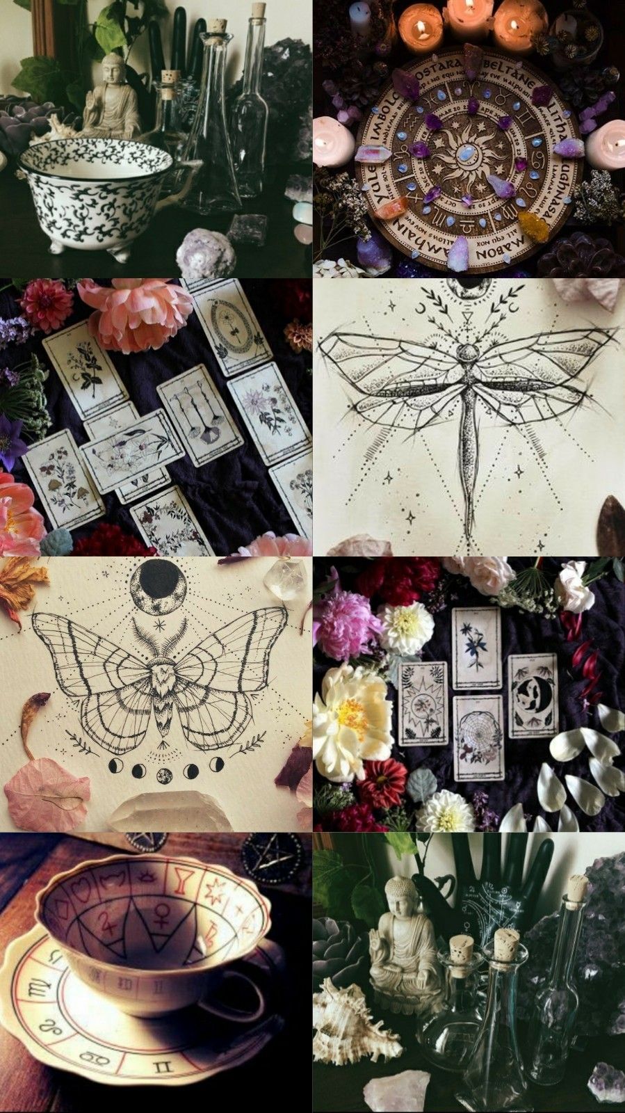 A collage of tarot cards, flowers, and candles. - Witch