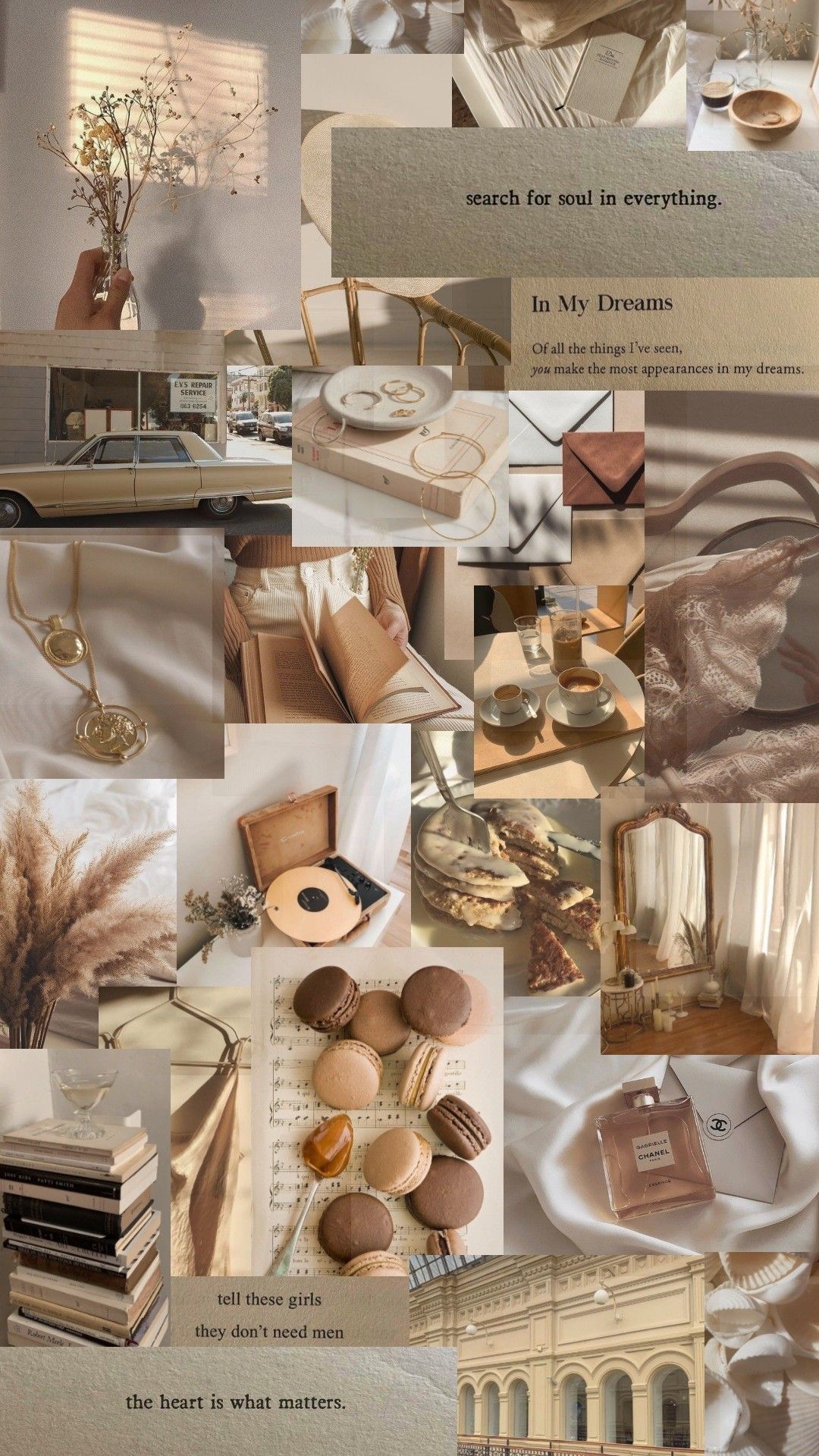 A collage of beige and brown aesthetic images. - Beige