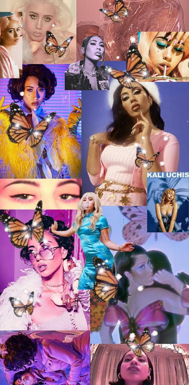 A collage of Kali Uchis, a Latinx woman with dark brown skin and curly hair, surrounded by butterflies. - Kali Uchis