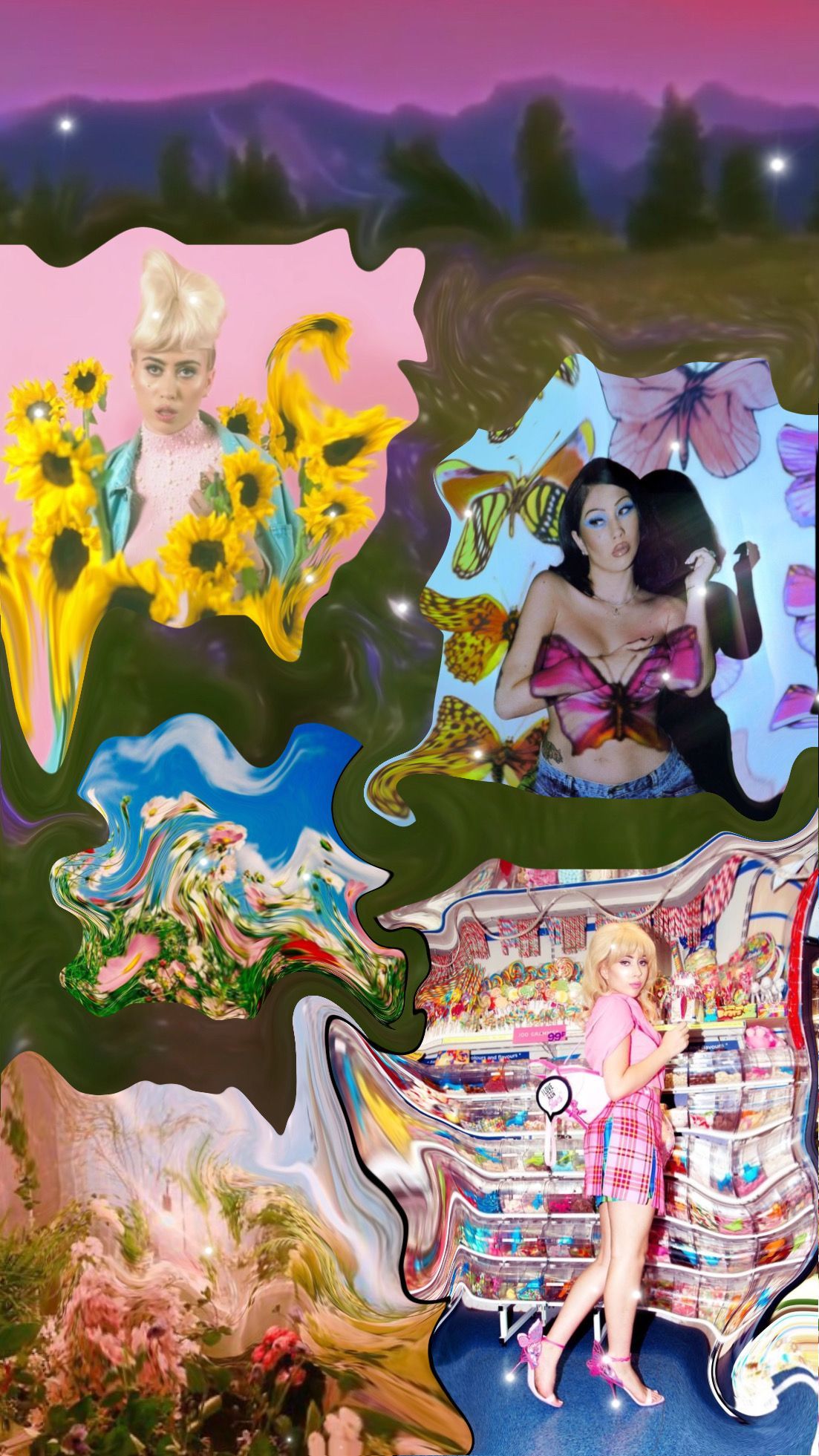 A collage of images of two women, a field of flowers, a butterfly, and a book. - Kali Uchis