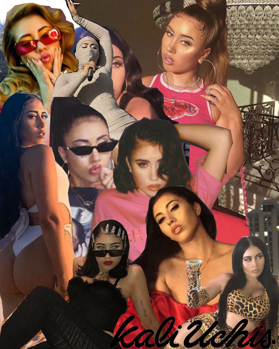 A collage of photos of Kali Uchis, a拉丁x artist with a mix of cool and cute aesthetics. - Kali Uchis