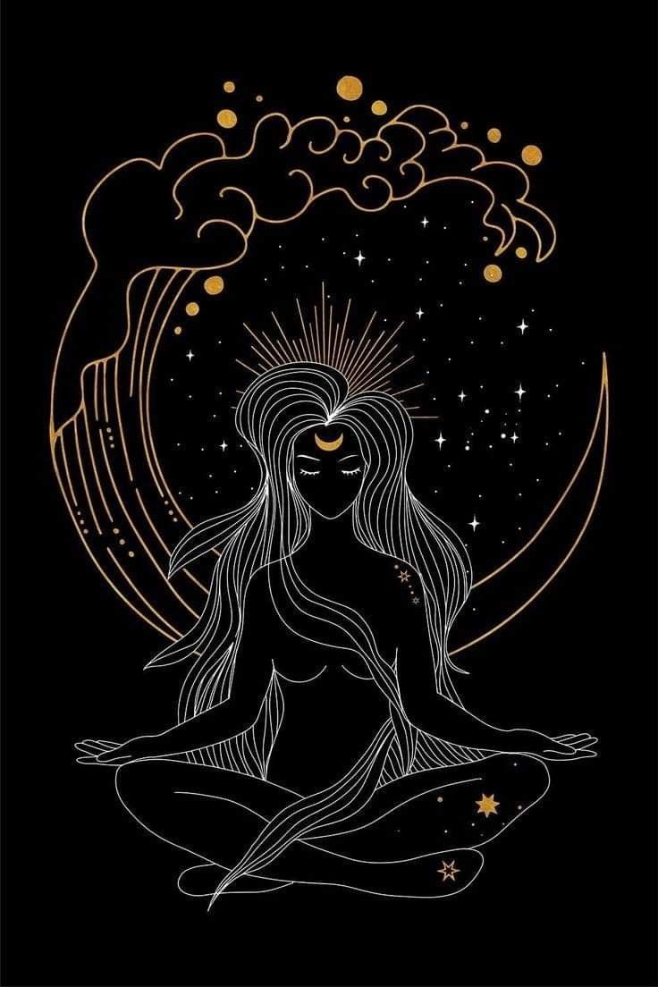 A woman with long hair sits in a yoga pose in front of a half moon and stars. - Witch