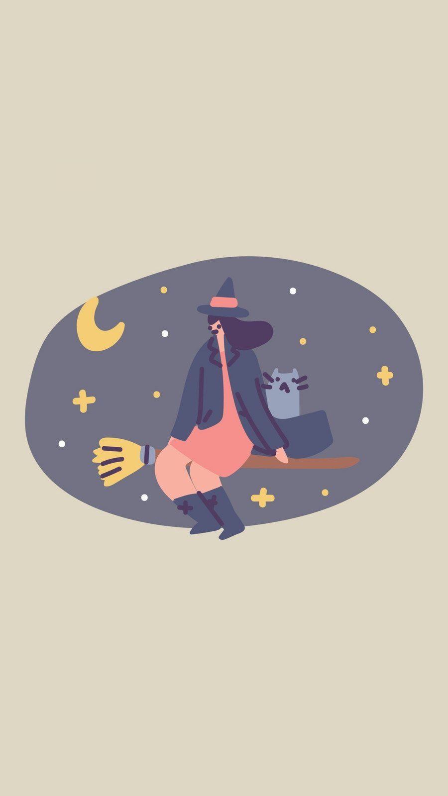 A cartoon of witch sitting on broomstick with cat - Witch