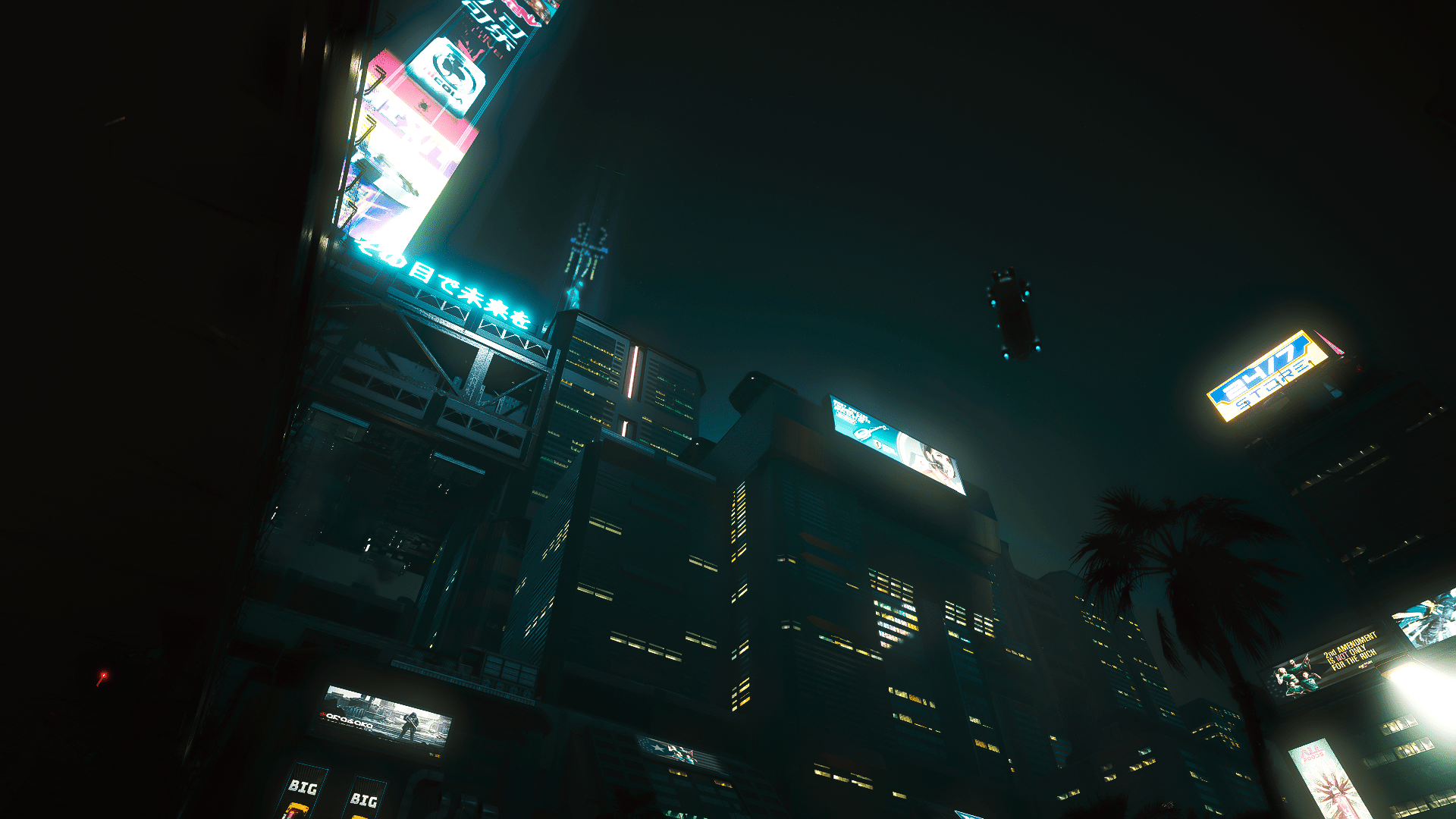 A Cyberpunk 2077 screenshot of a futuristic city at night - Cyberpunk