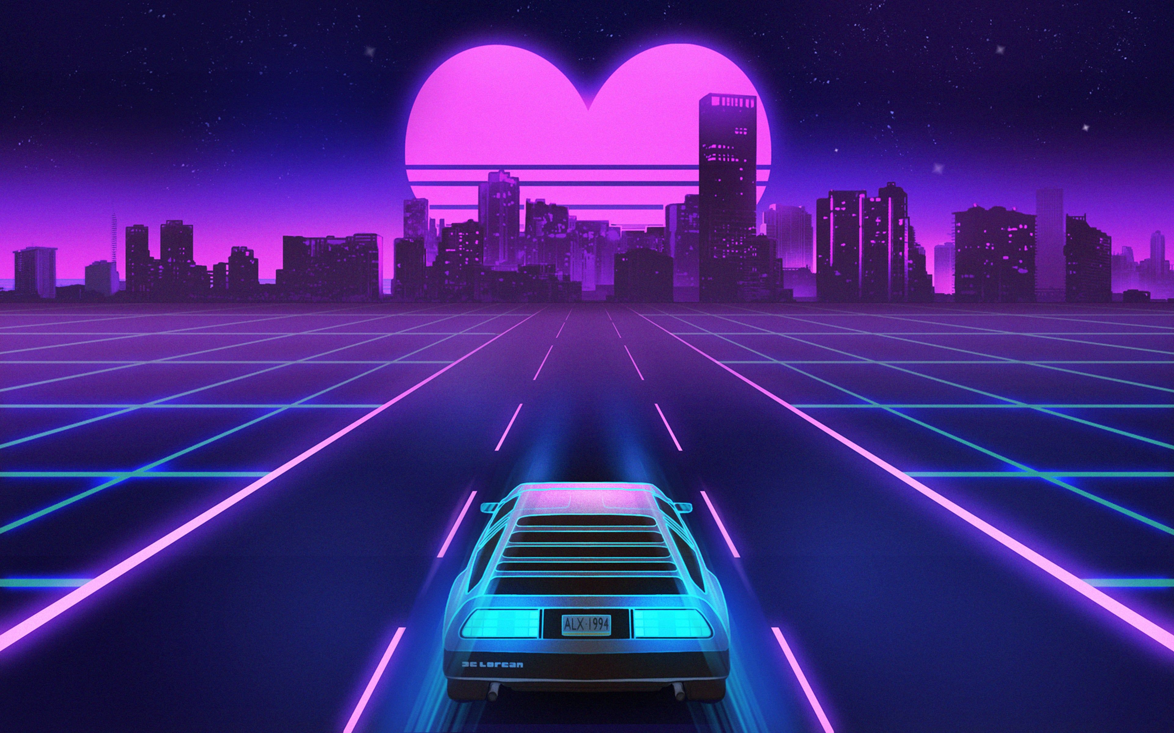 A car driving down the road in front of an animated city - Vaporwave