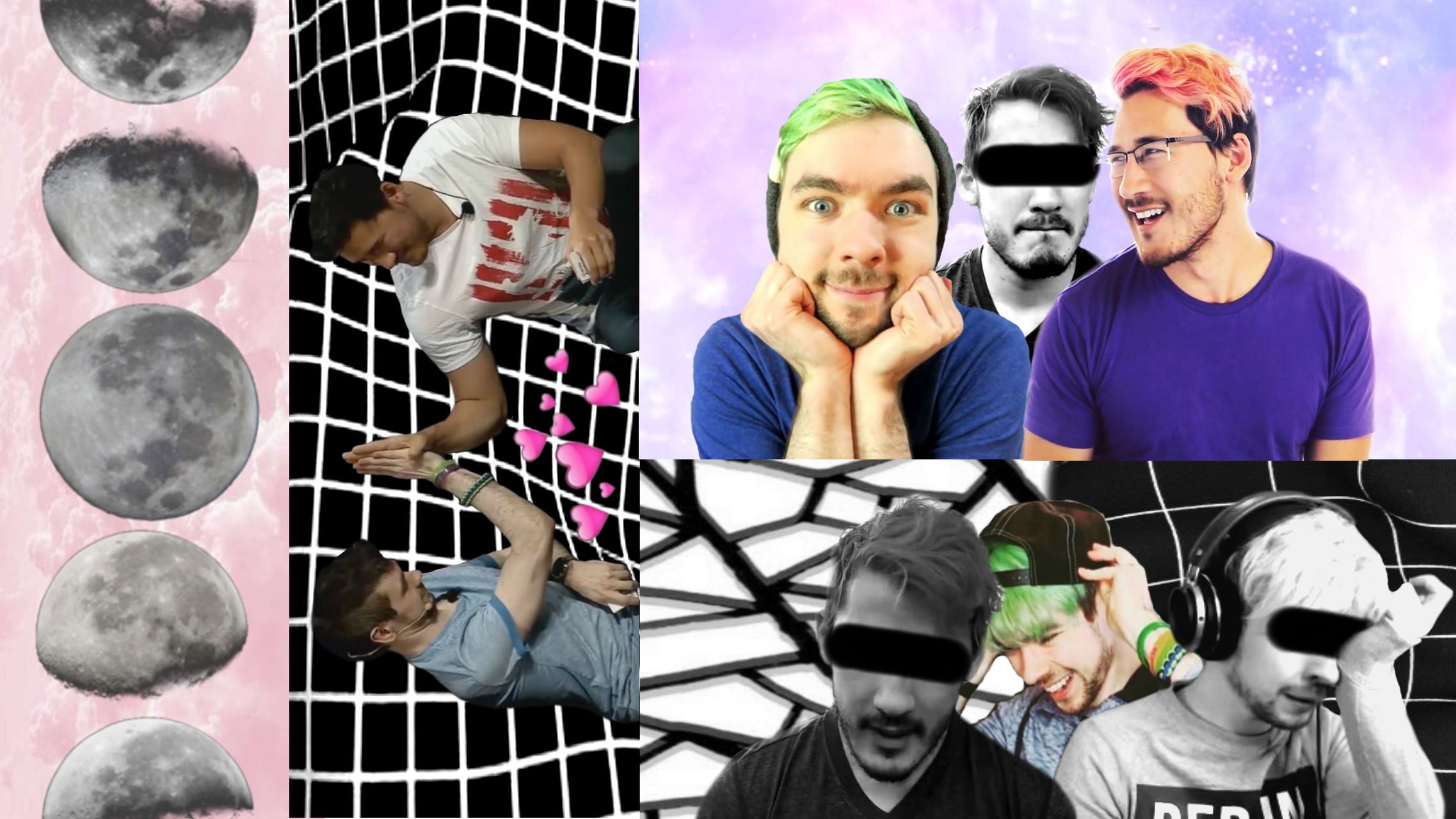 A collage of a man with green hair, a man with pink hair, a man with headphones on, and a man laying down - Markiplier