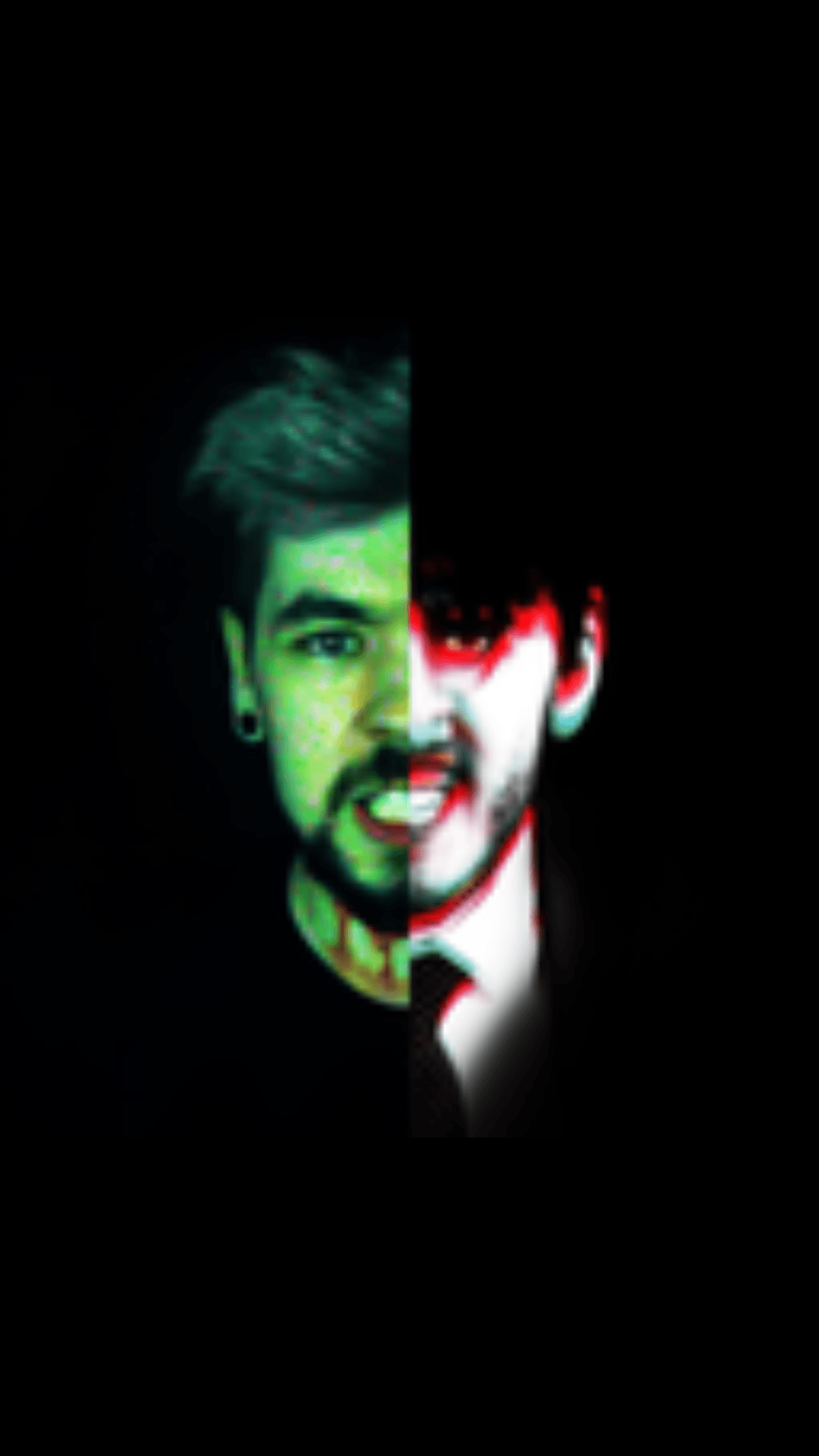 A man's face is split in two, one side green and the other side red and white. - Markiplier