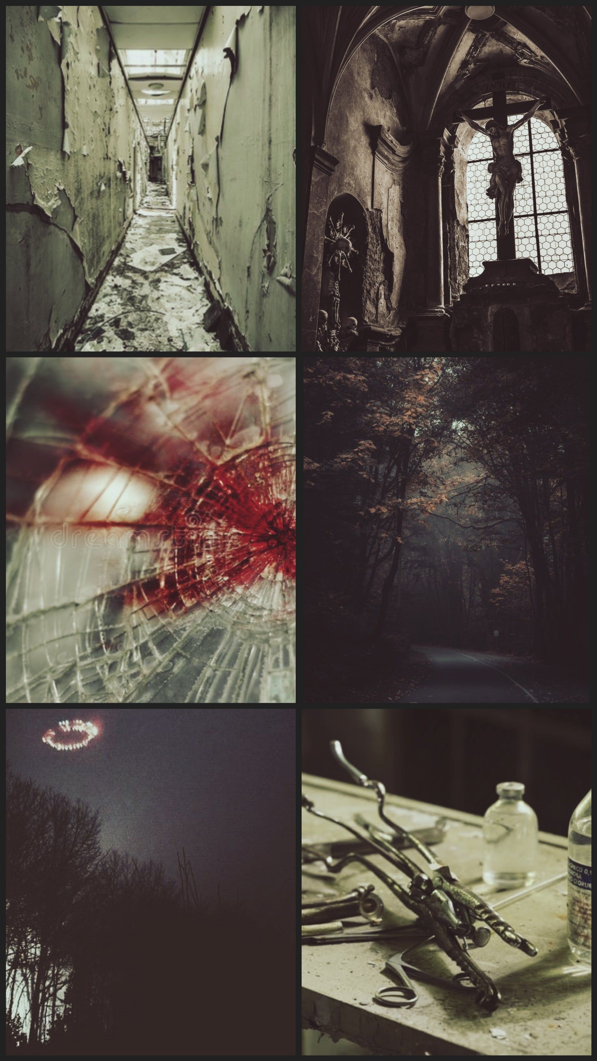 A collage of images including a bloodied hallway, a broken window, a dark forest, a creepy church, a dark street, and a broken vase. - Evan Peters