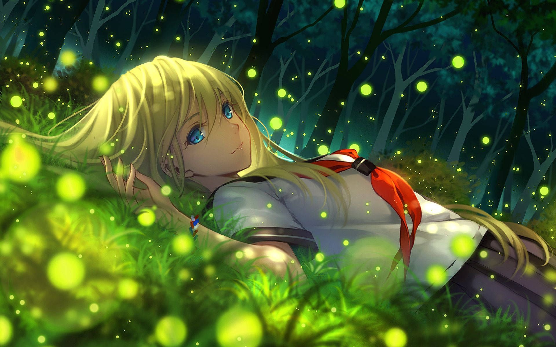 Anime girl laying in the grass with fireflies - Anime