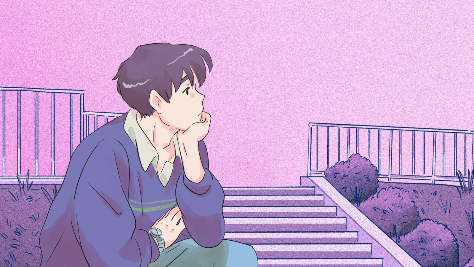 A man sitting on the steps of some stairs - Anime