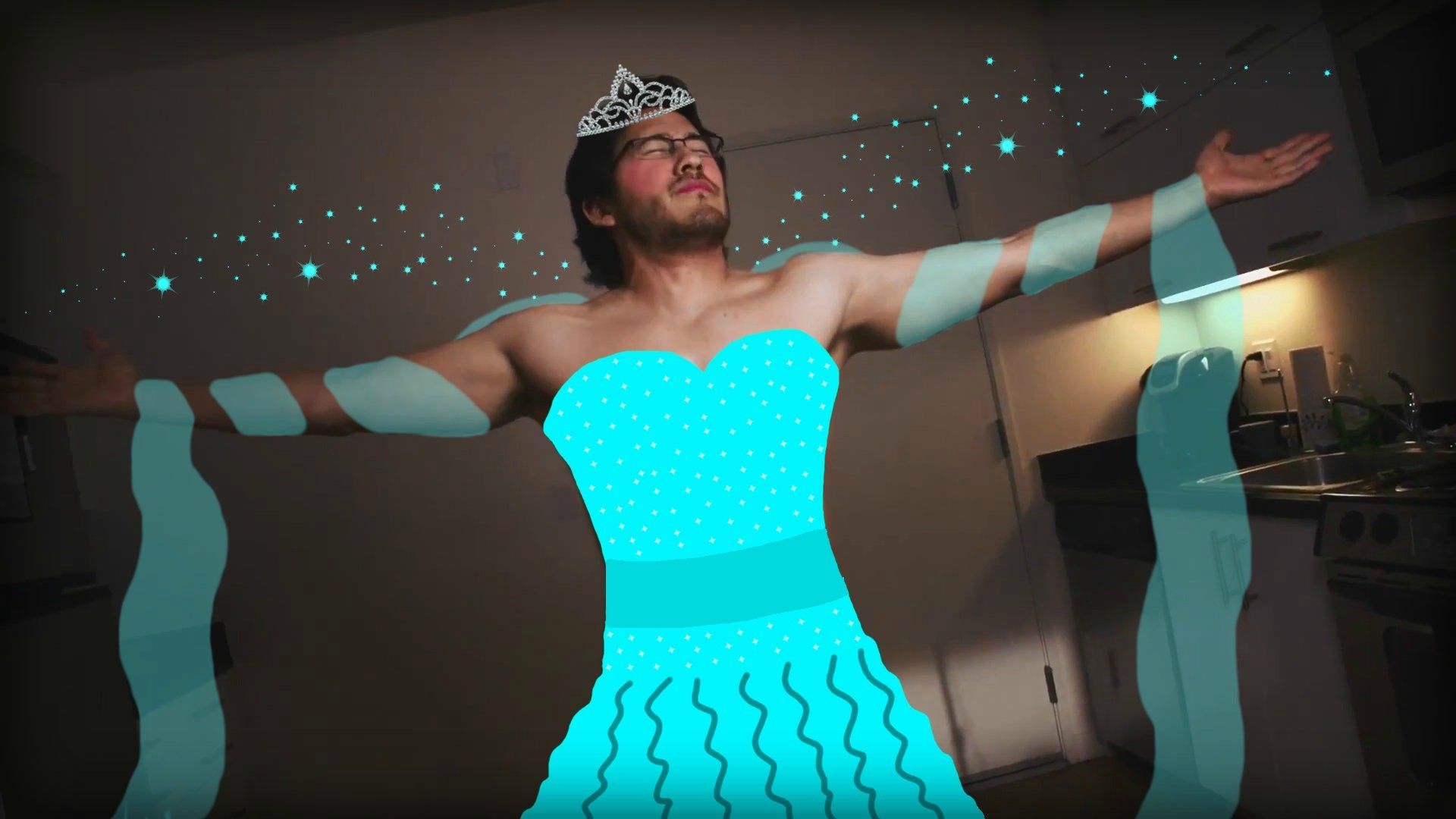 A man in blue dress with arms outstretched - Markiplier