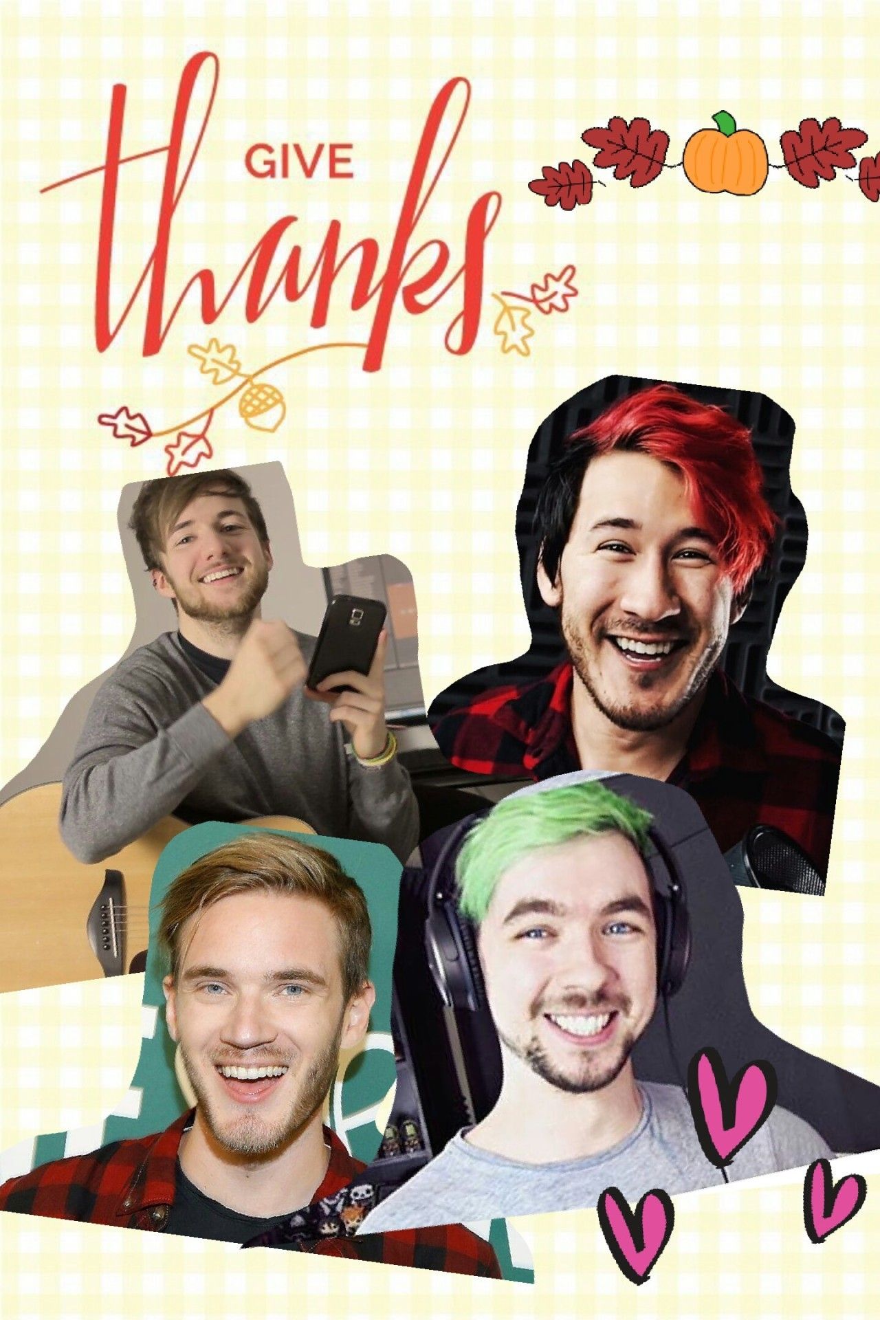 A poster with four men and the words give thanks - Markiplier