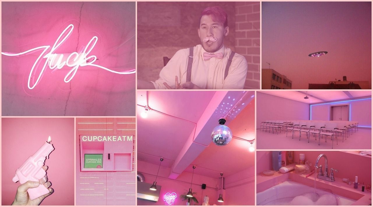 Pink aesthetic collage with a neon sign, a man in suspenders, a pink bathroom, and a pink neon sign. - Markiplier