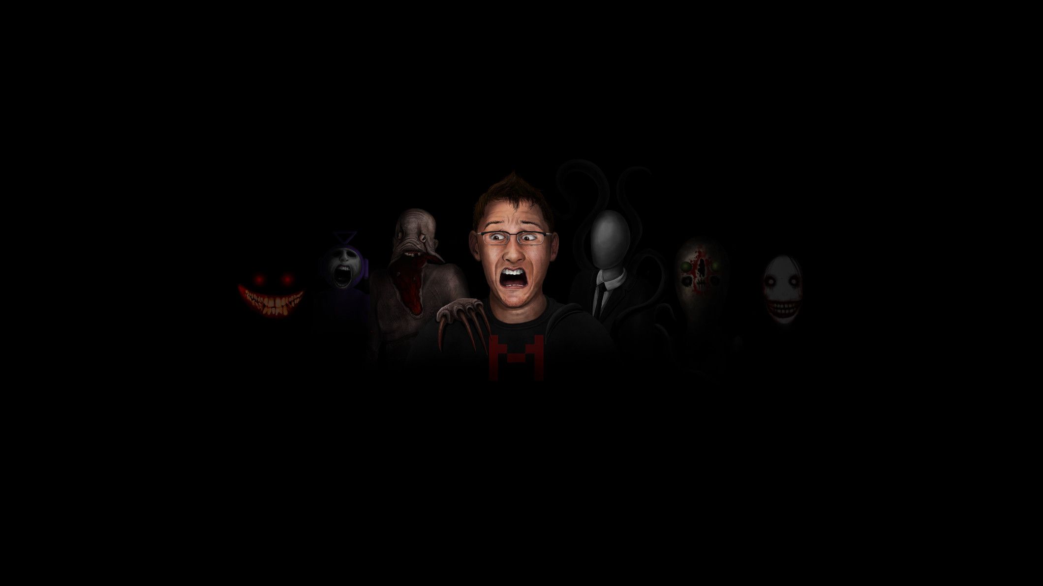 A man with glasses and a red and black checkered shirt with his mouth open in the center of the image with a black background. There are various horror characters surrounding him on the left and right side of the image. - Markiplier