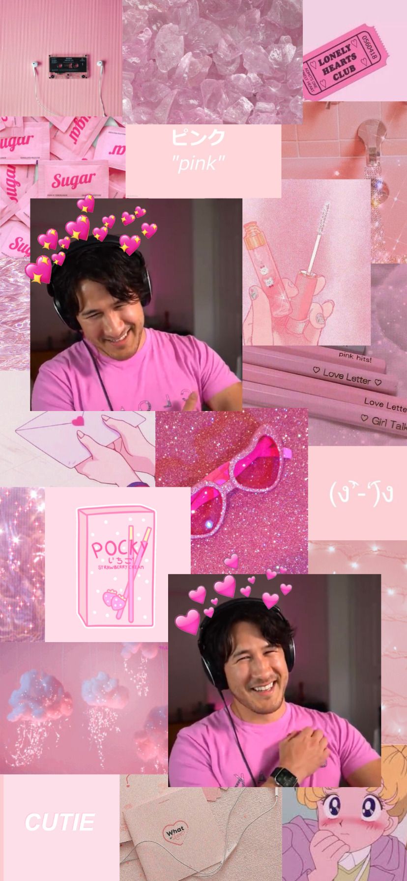 Pink aesthetic wallpaper featuring a collage of pictures of jasmin wallace, pink sunglasses, pink glitter, and a pink sugar packet - Markiplier