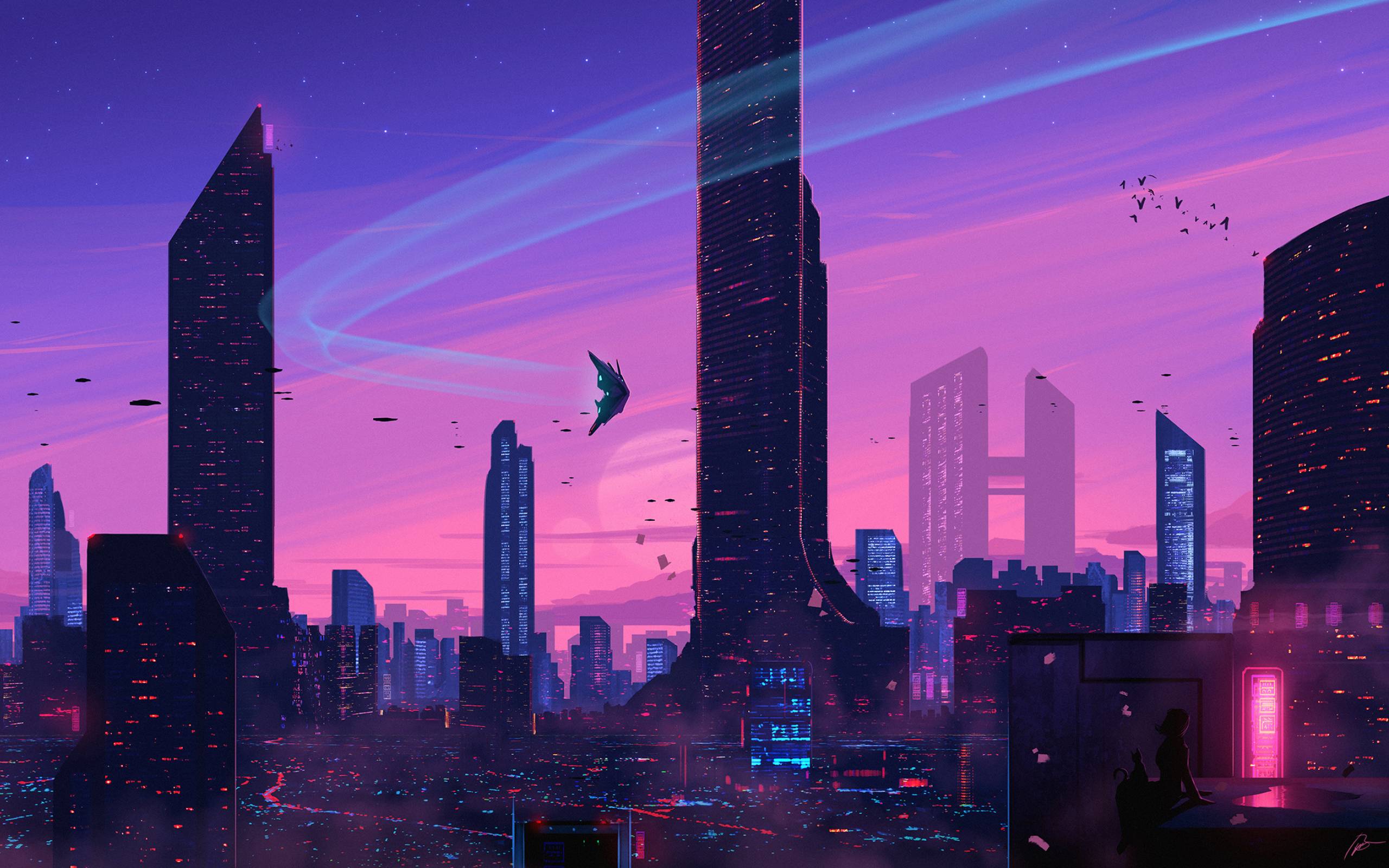 A city with tall buildings and flying objects - 2560x1600