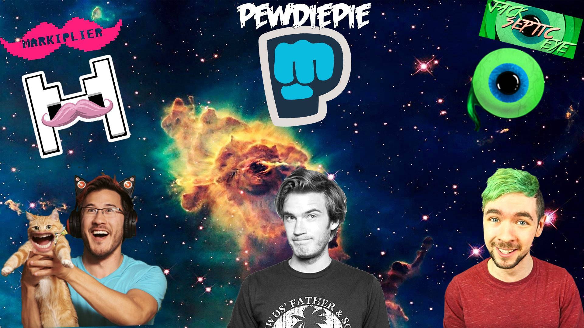 A wallpaper with PewDiePie, Markiplier, and Jacksepticeye on it. - Markiplier