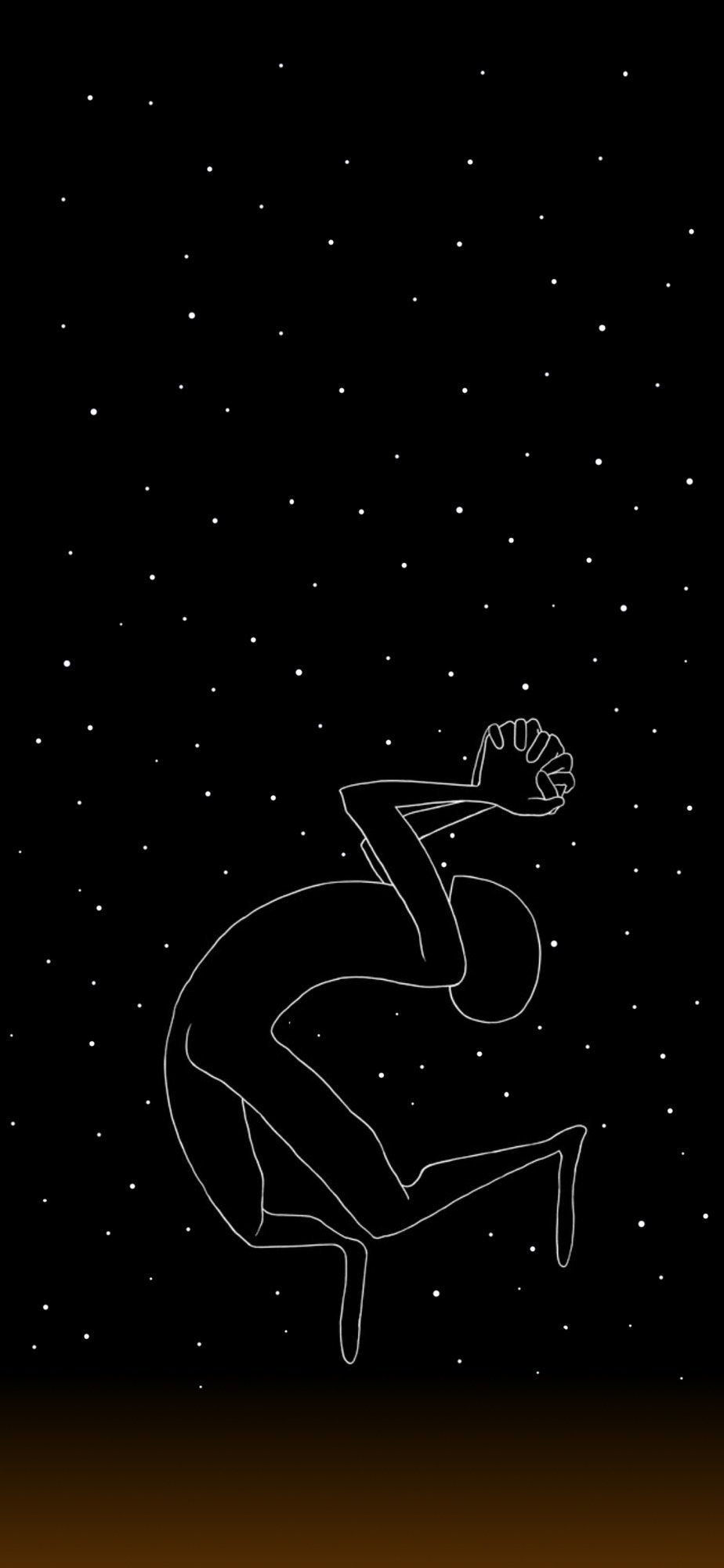 Line art of a person sitting on the ground with their arms wrapped around their knees, against a starry black background - Markiplier
