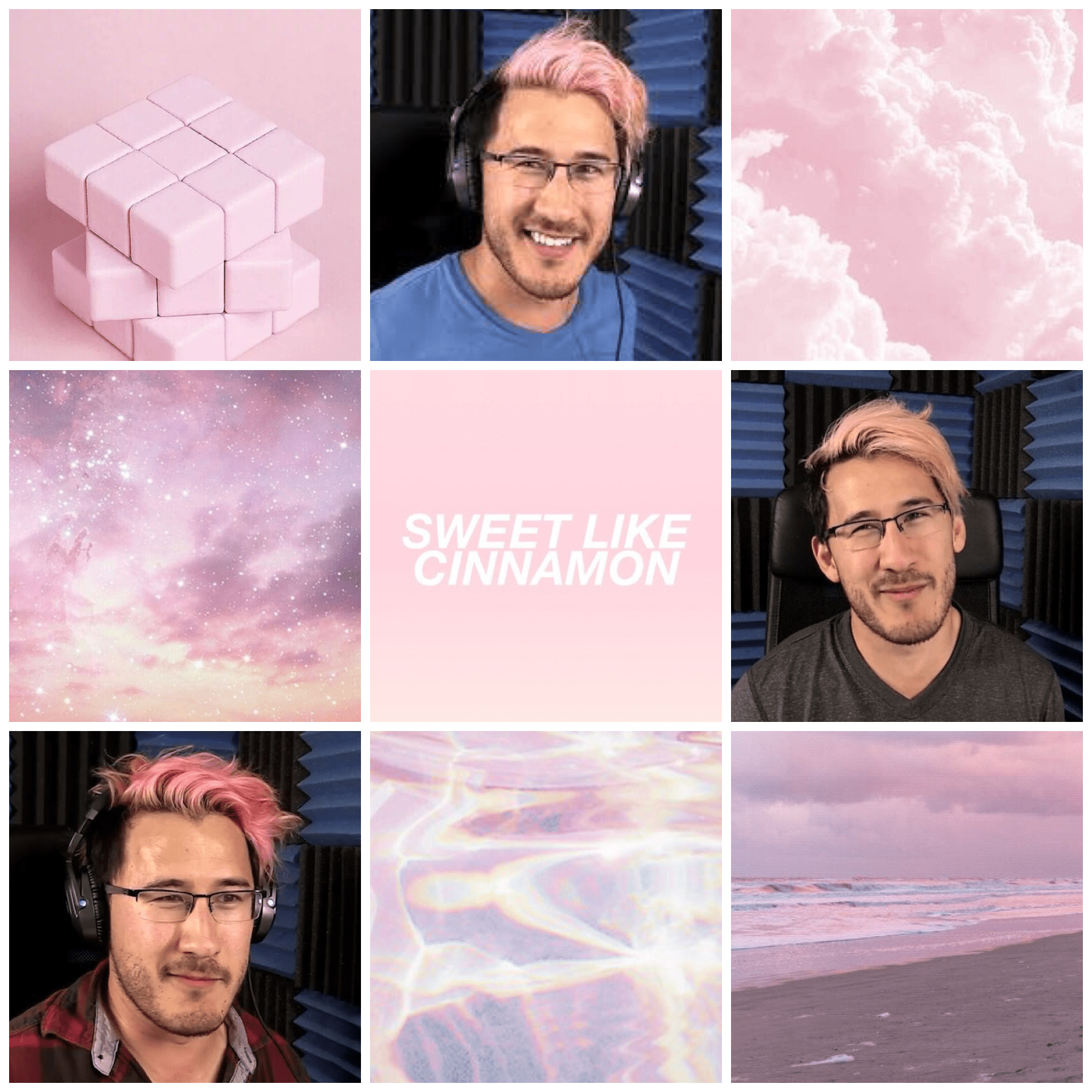 A collage of pictures with pink hair and glasses - Markiplier