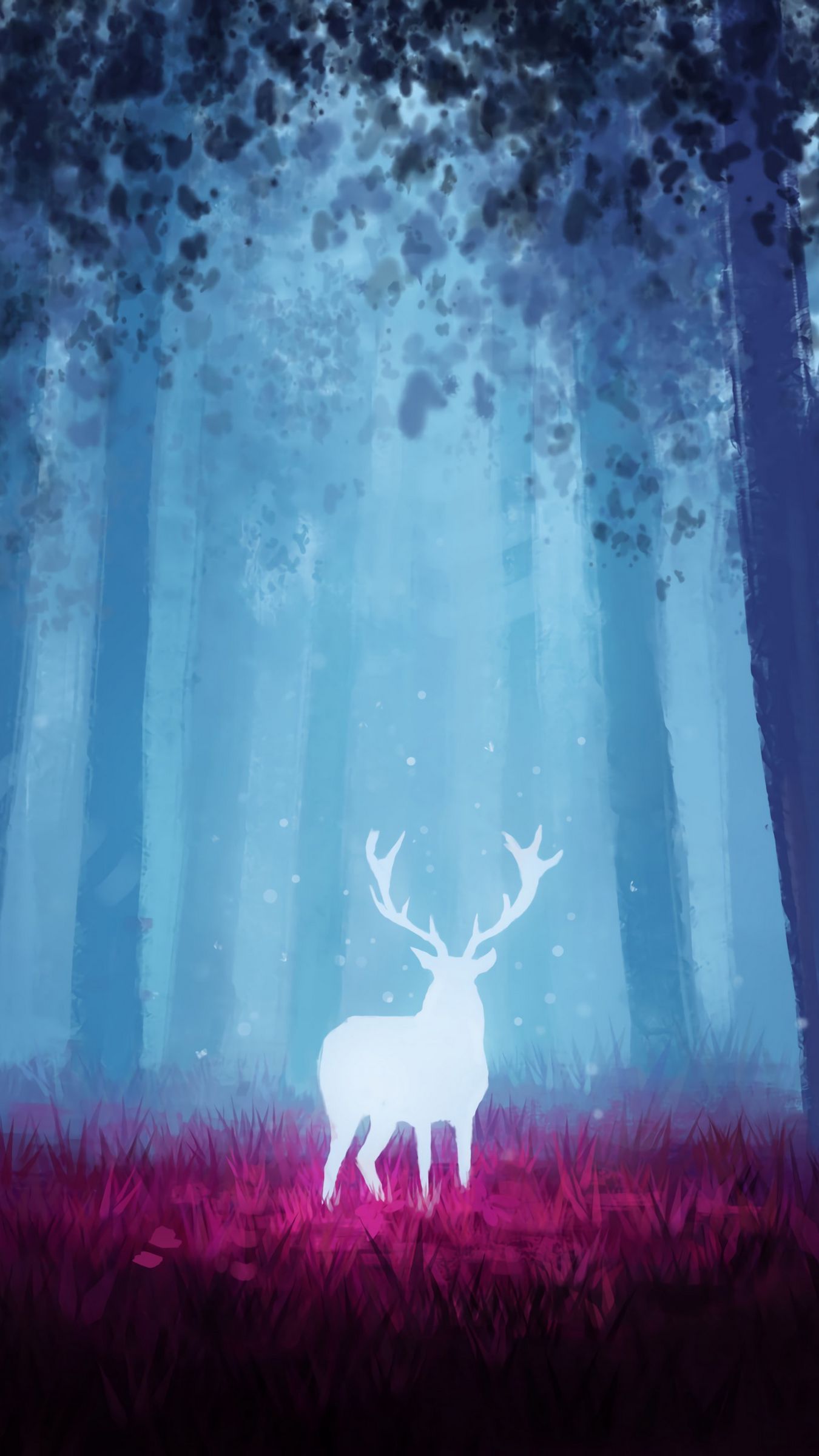IPhone wallpaper of a deer in a forest with blue and pink colors. - Deer