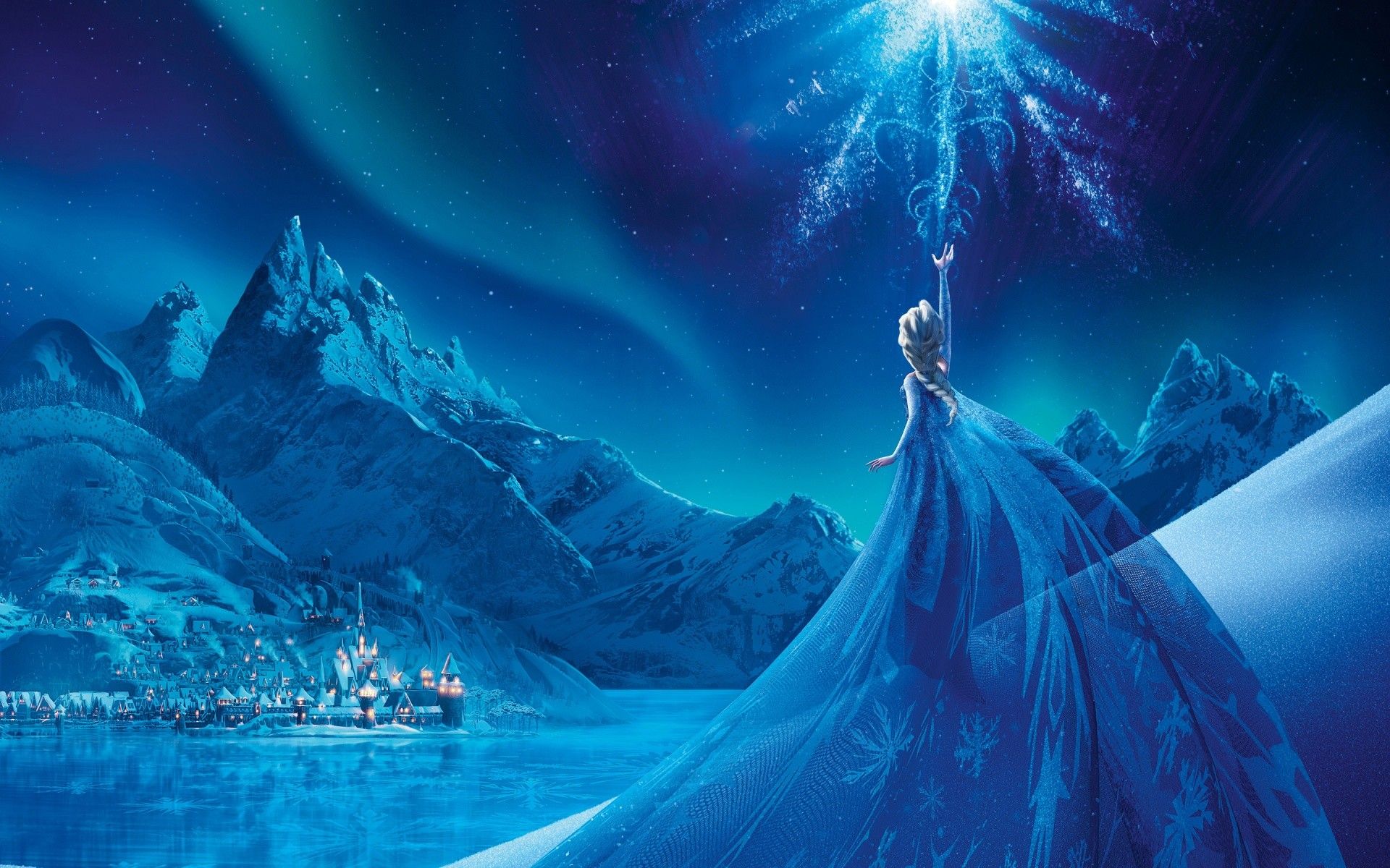 Elsa the Snow Queen standing on a cliff with her ice staff in Frozen - Elsa