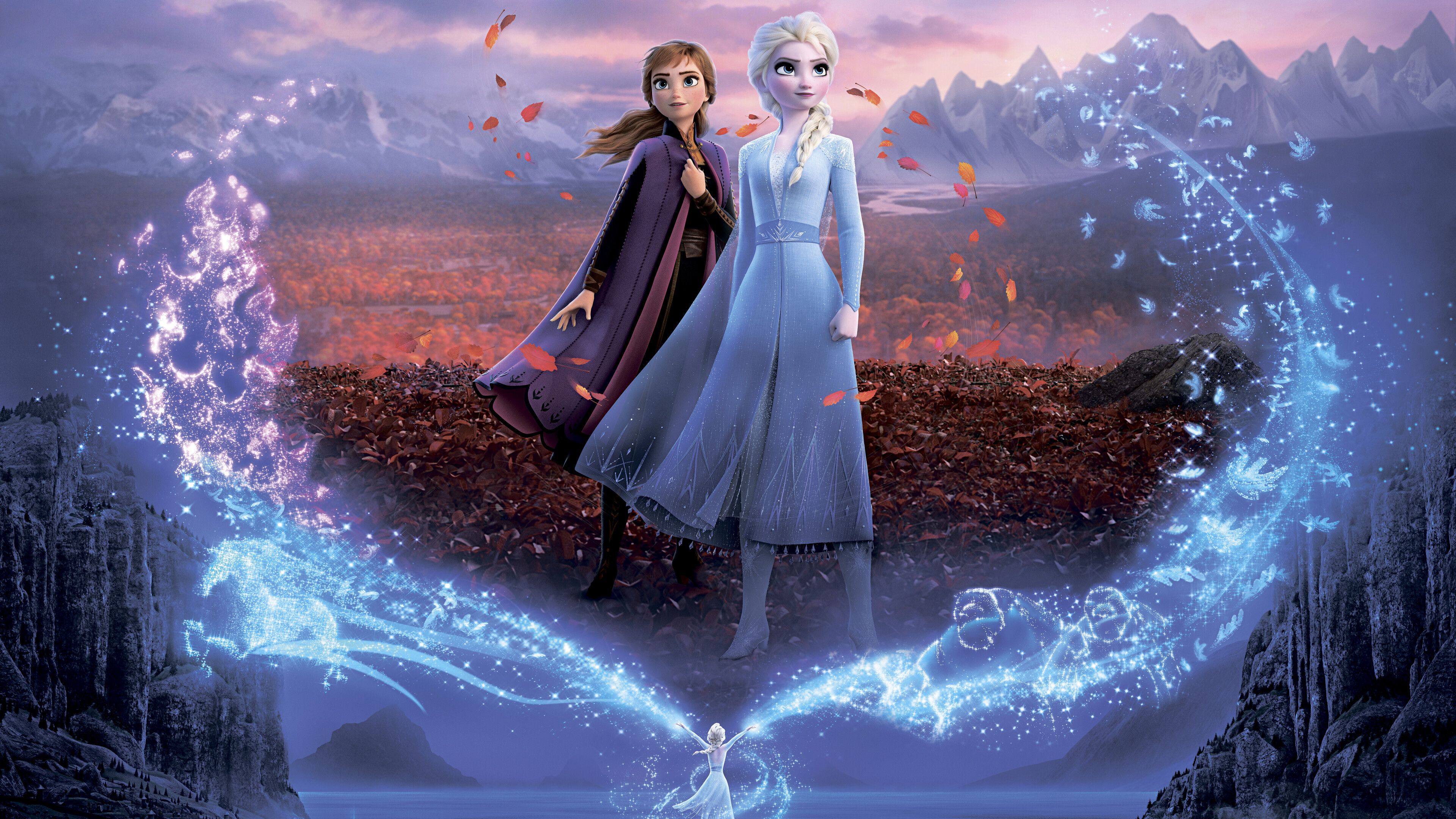 Elsa and Anna from Frozen 2 standing in a mountain landscape with magic coming from their hands - Elsa