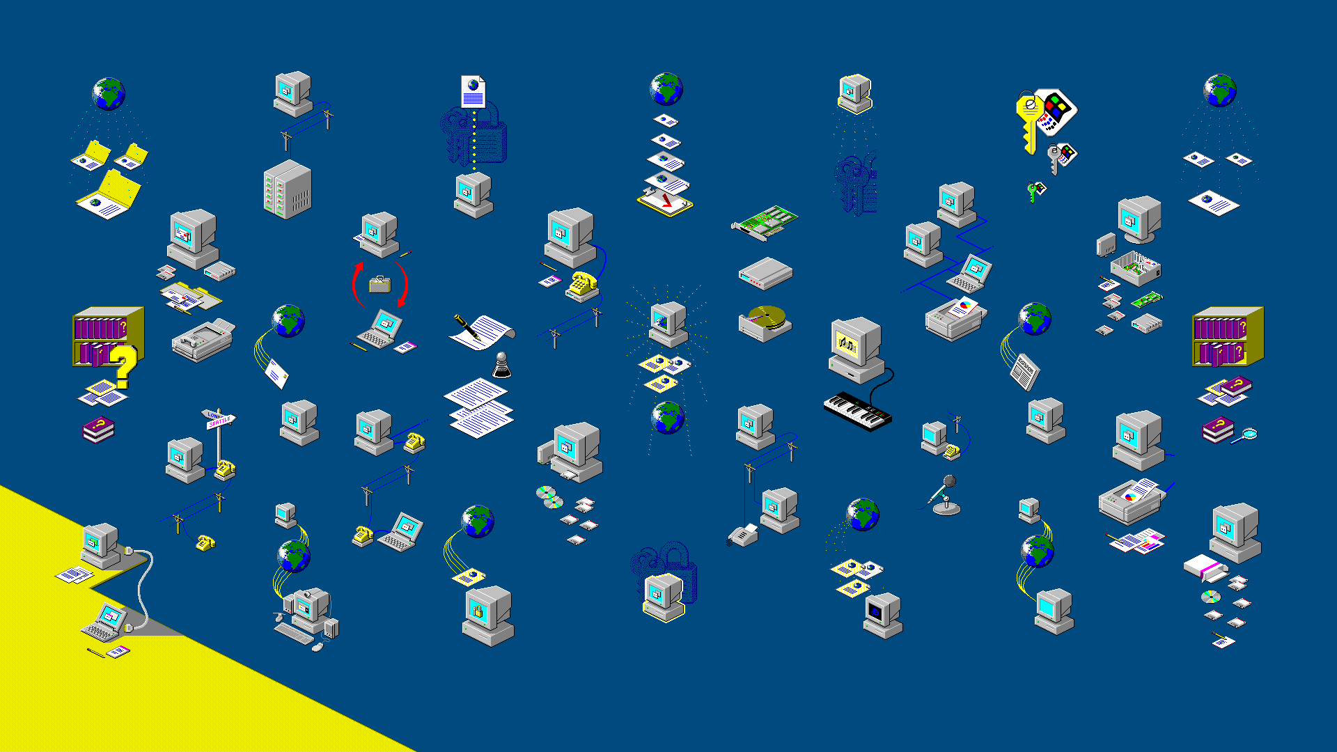 A blue and yellow poster with many different items - Windows 11, Windows 98, Windows 95