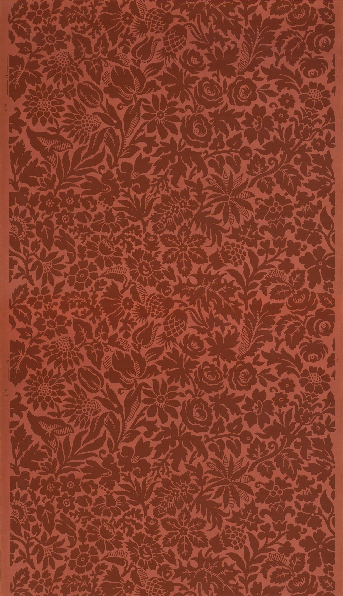 Brown wallpaper with a repeating pattern of flowers, leaves, and birds - Salmon