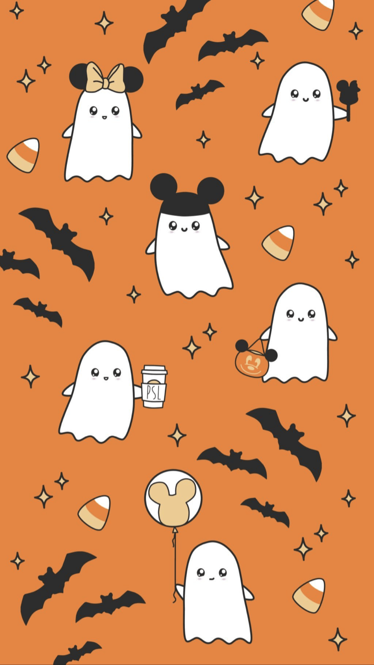 Halloween wallpaper with ghosts, bats, candy corn, and a pumpkin spice drink. - Cute Halloween