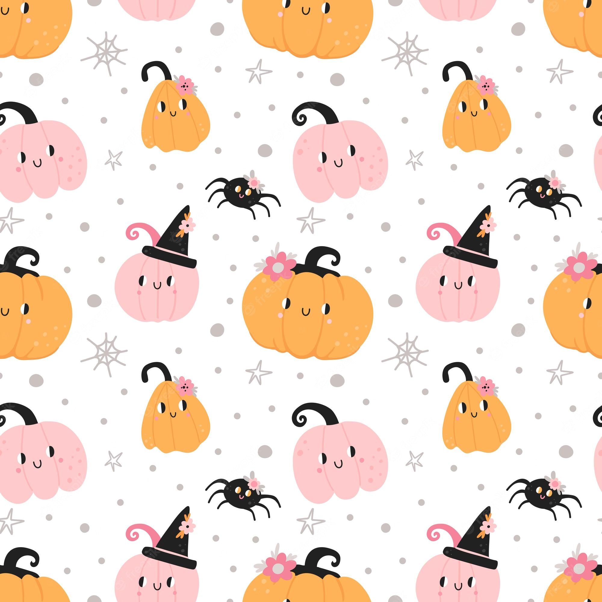 A pattern of smiling pumpkins and spiders. - Cute Halloween