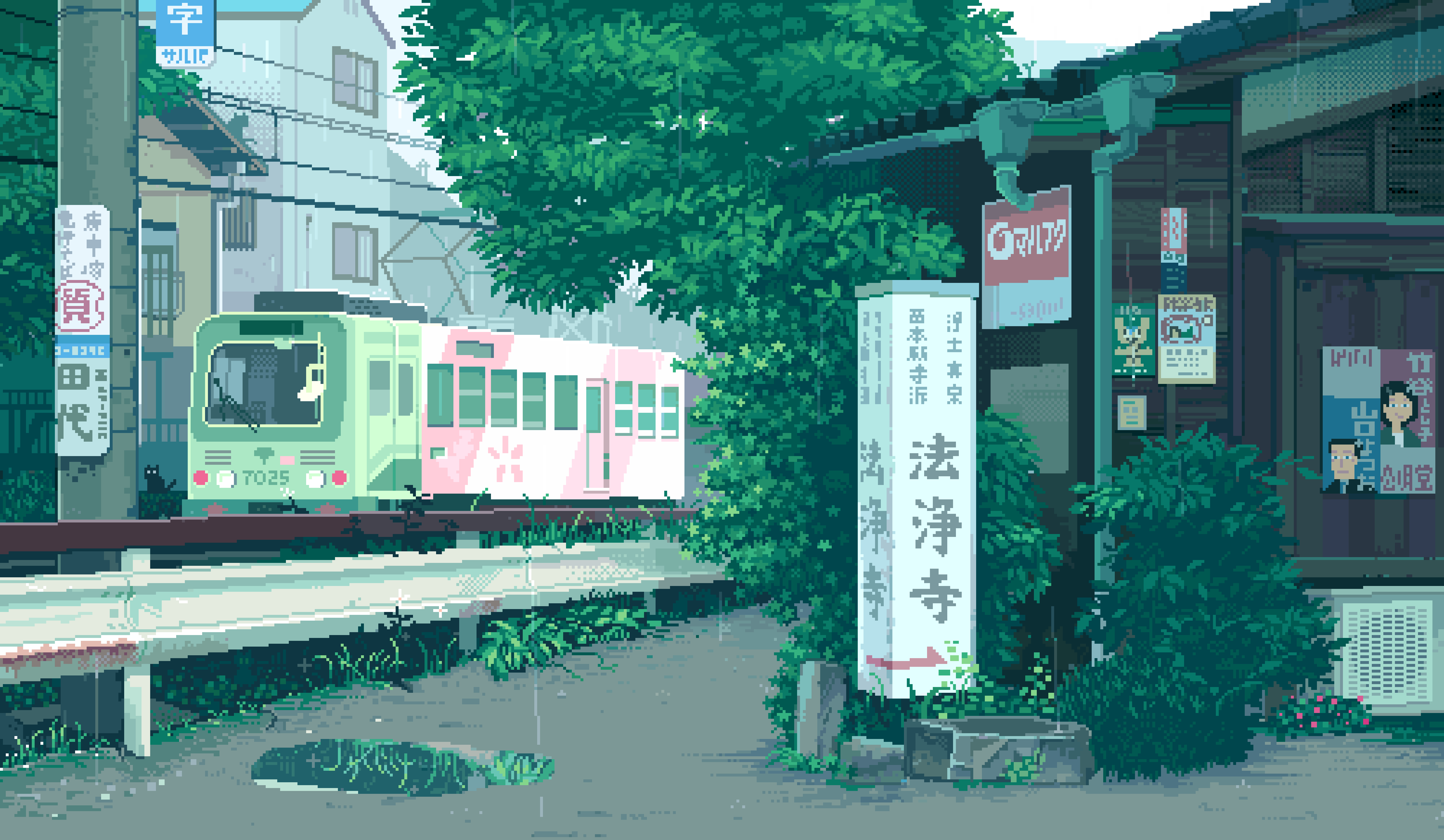 A train is passing by some buildings - Pixel art