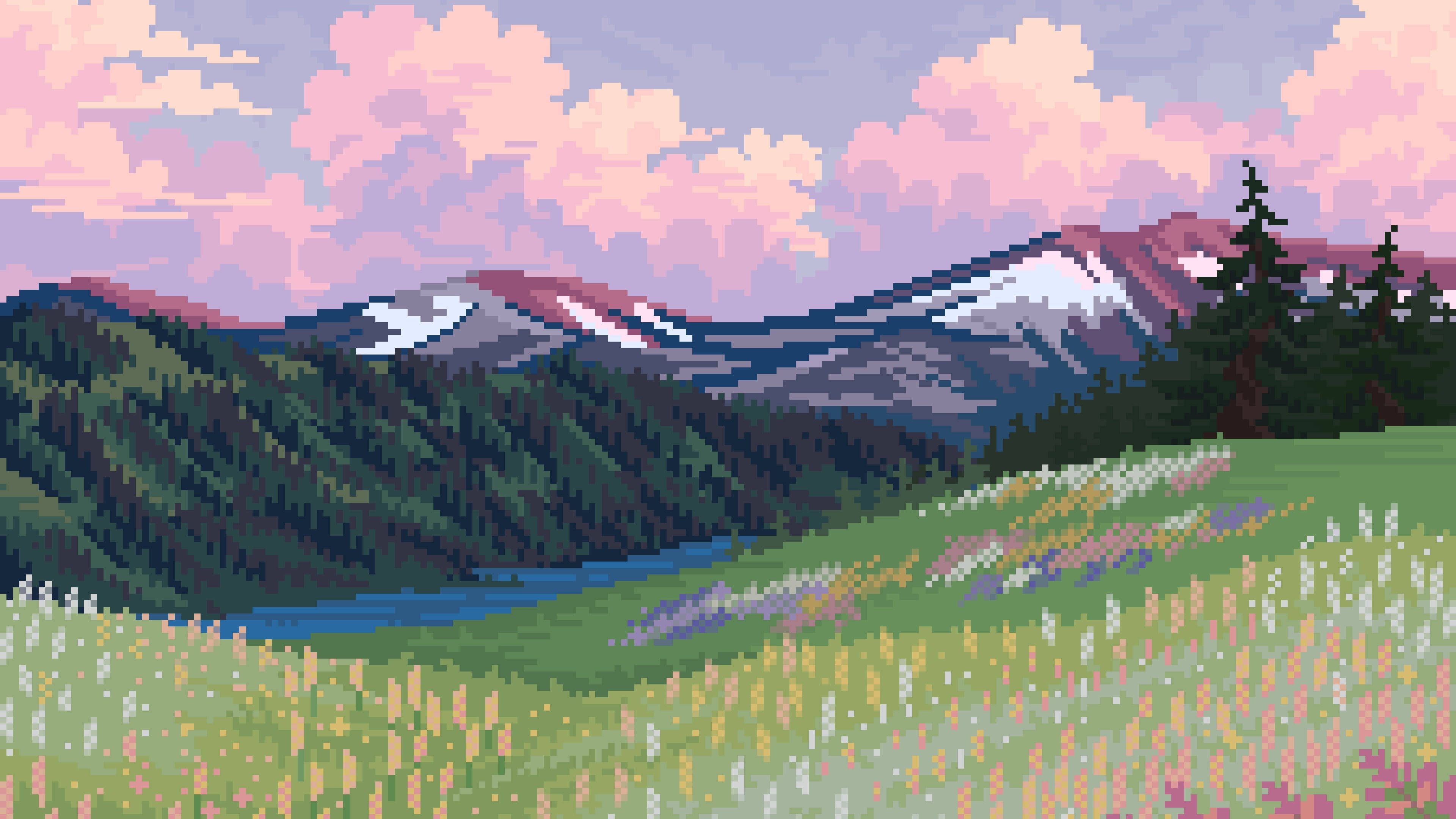 A pixel art image of a mountain range with a meadow in the foreground - Pixel art