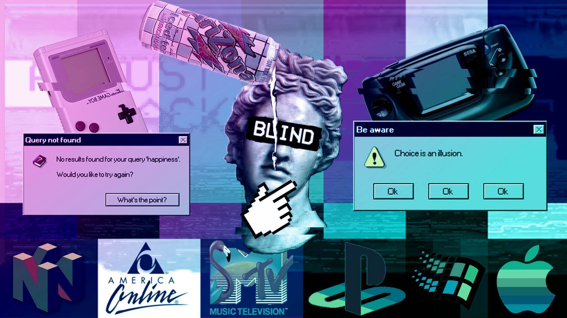 A collage of images with different objects on them - Greek statue, Windows 95, Windows 98, glitchcore