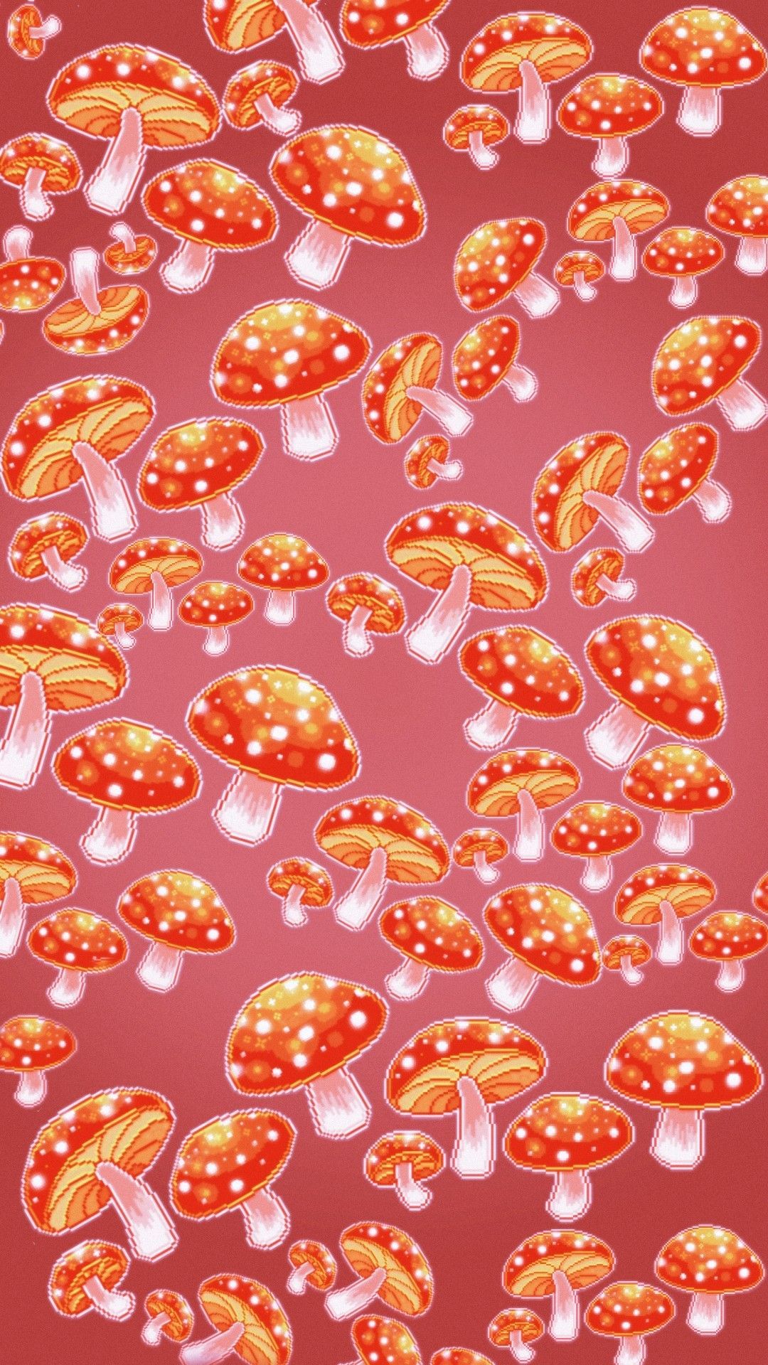 A wallpaper of red mushrooms on a pink background - Mushroom