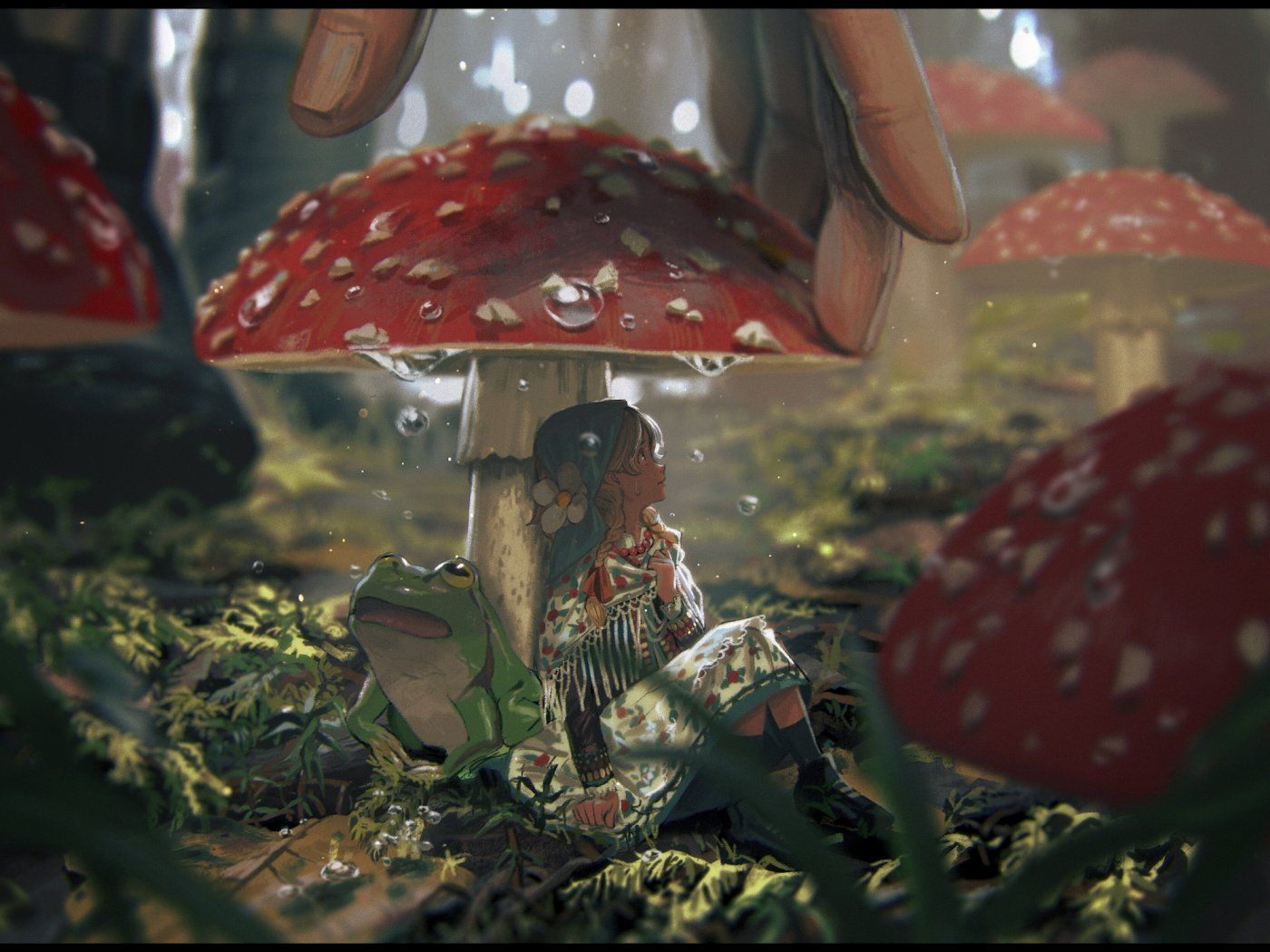 A girl and a toad sit under a mushroom in a forest. - Mushroom